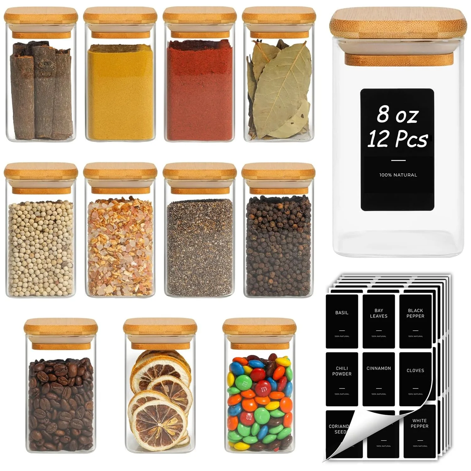ComSaf 8oz Airtight Glass Spice Jars with Bamboo Lids Square Storage NEW