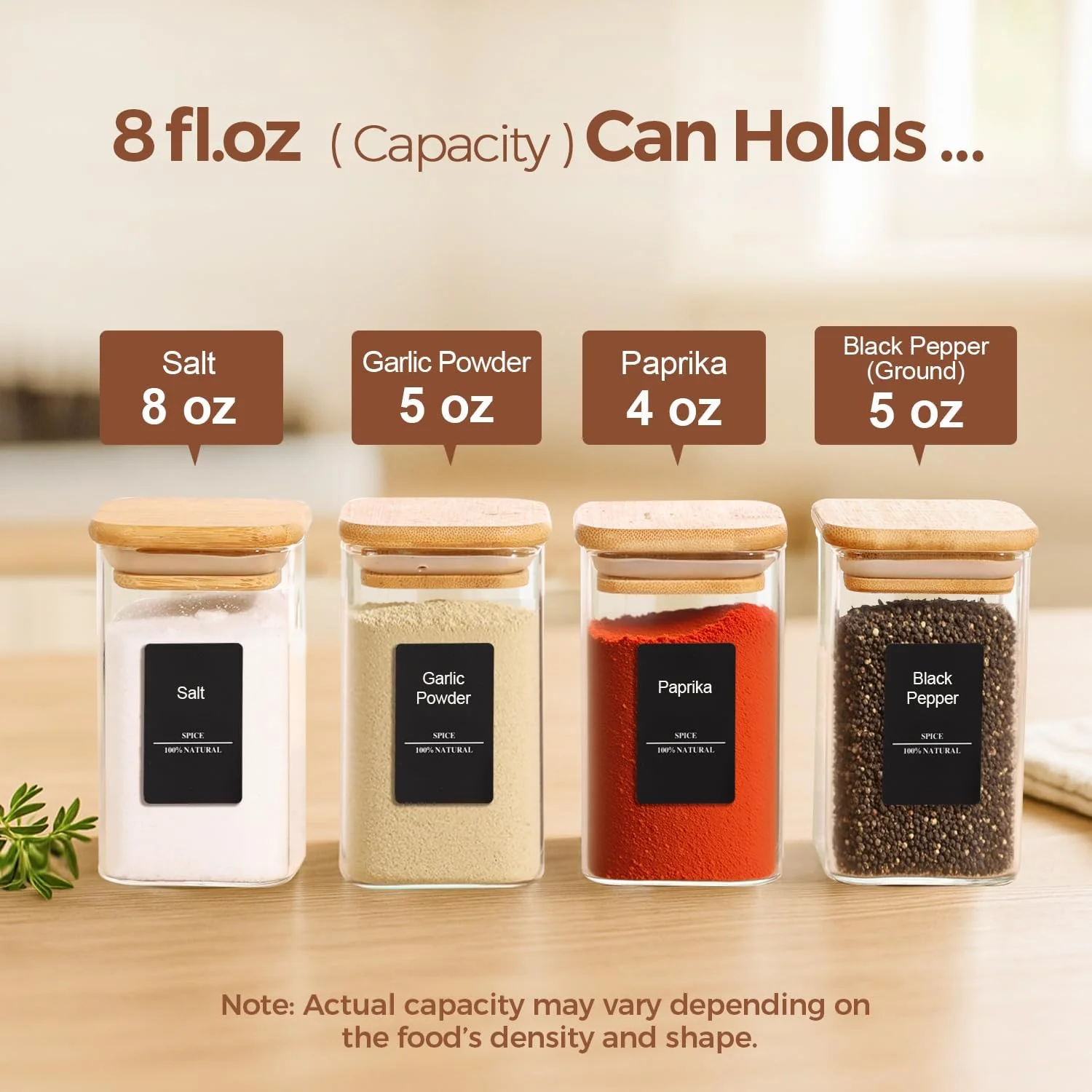 ComSaf 8oz Airtight Glass Spice Jars with Bamboo Lids Square Storage NEW - Image 2