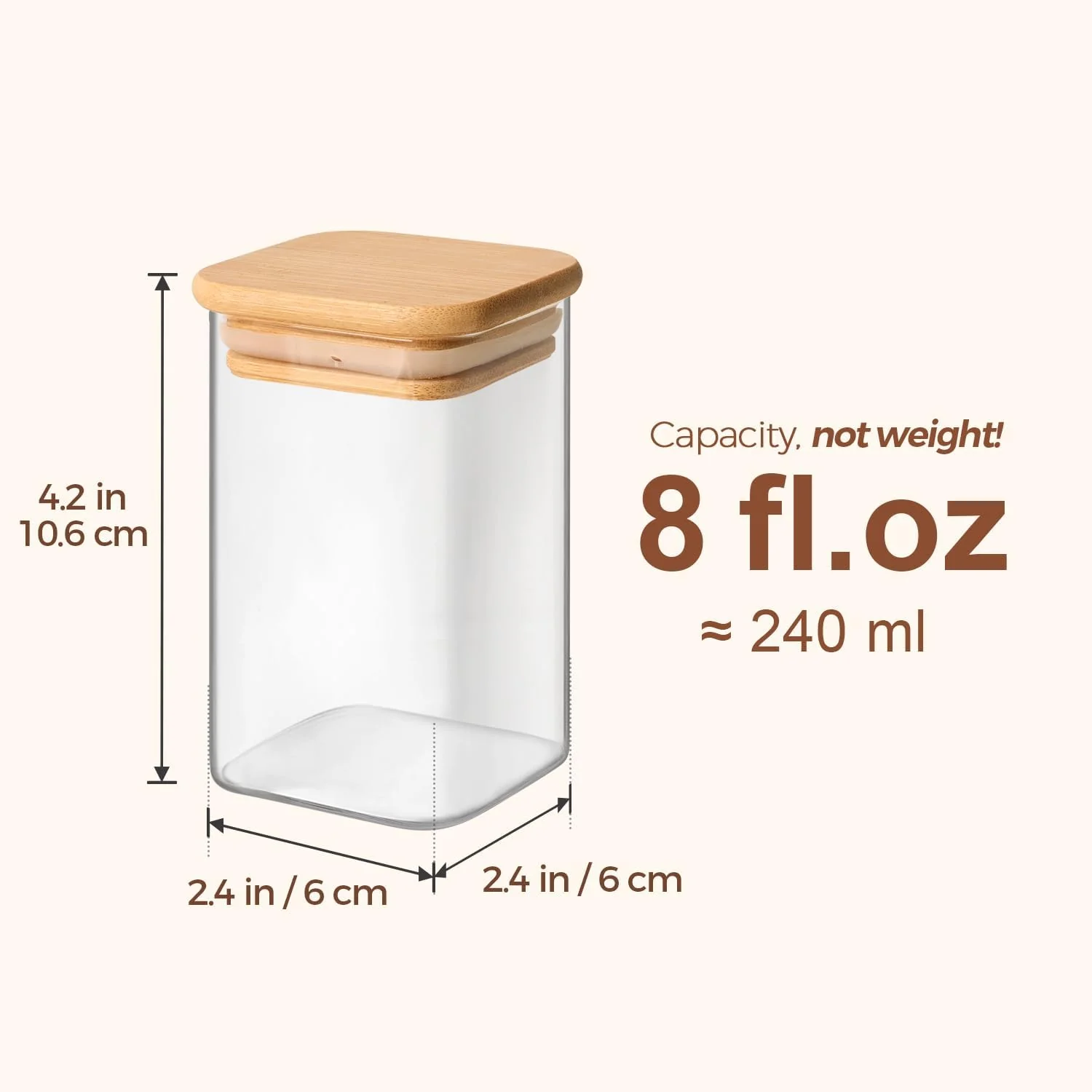 ComSaf 8oz Airtight Glass Spice Jars with Bamboo Lids Square Storage NEW - Image 3