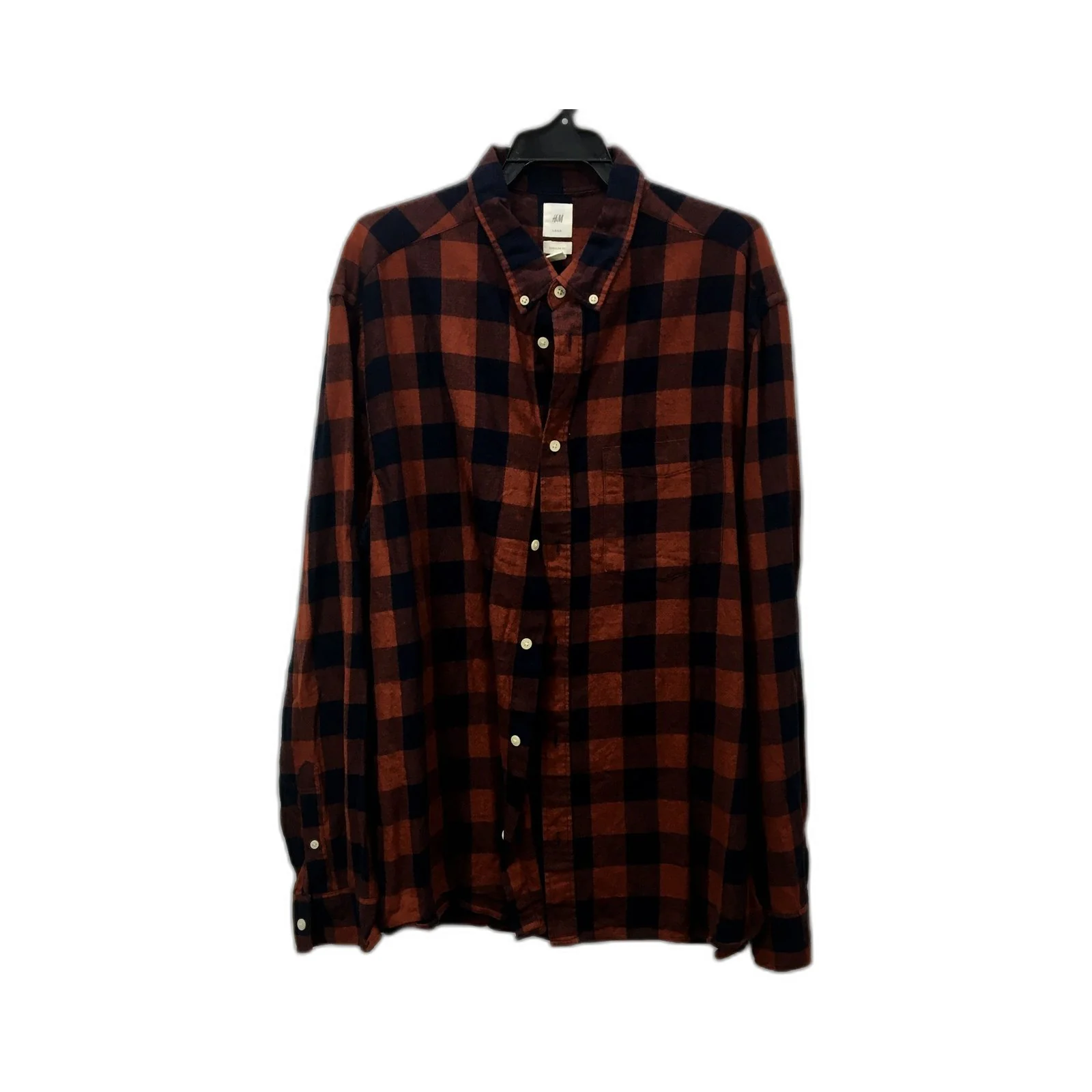H&M Mens Plaid Flannel Casual Shirt Brown Navy Pullover Sweatshirt Size 2XL
