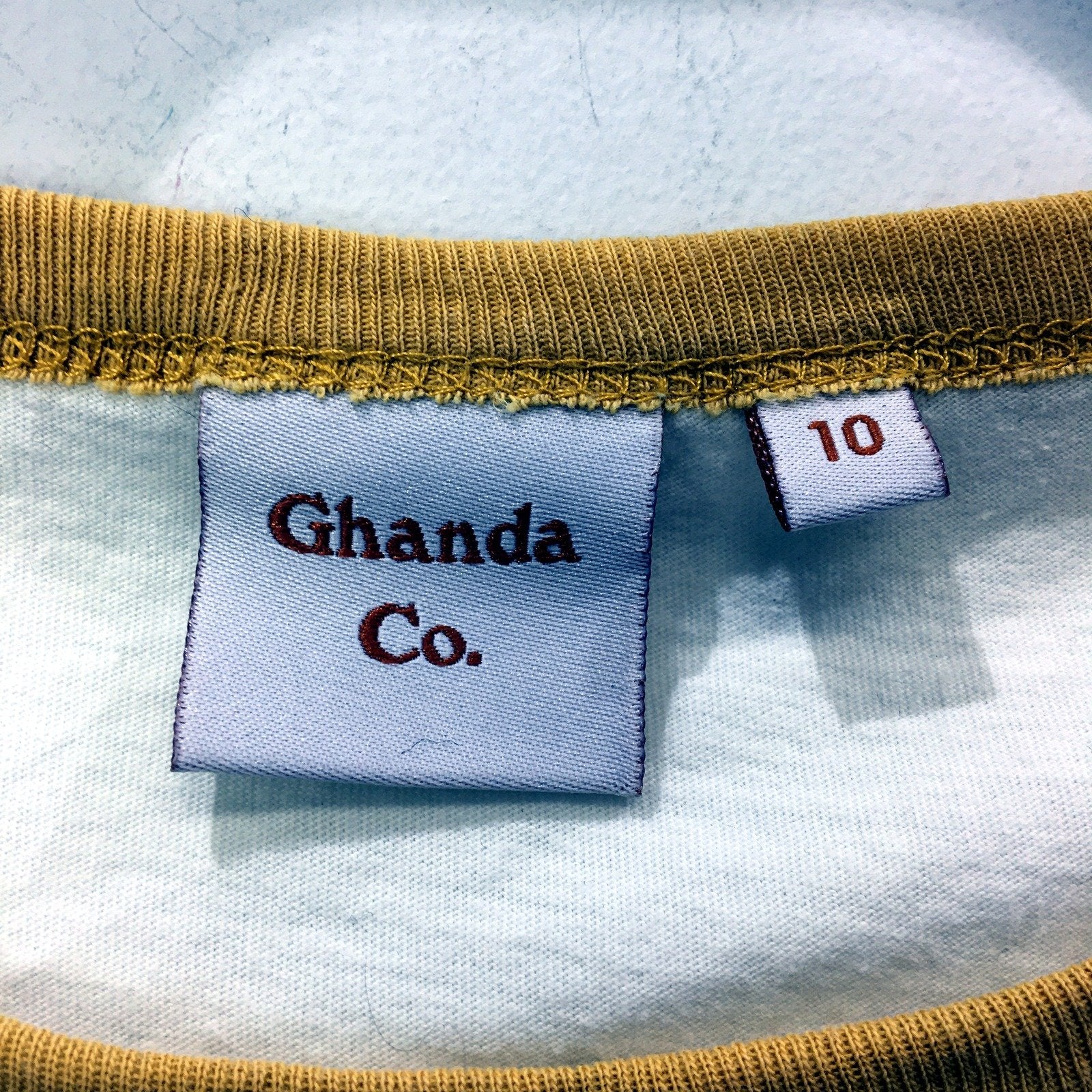 Ghanda Co. Womens Ringer T-Shirt Graphic Tee White with Mustard Trim Size 10 - Image 5