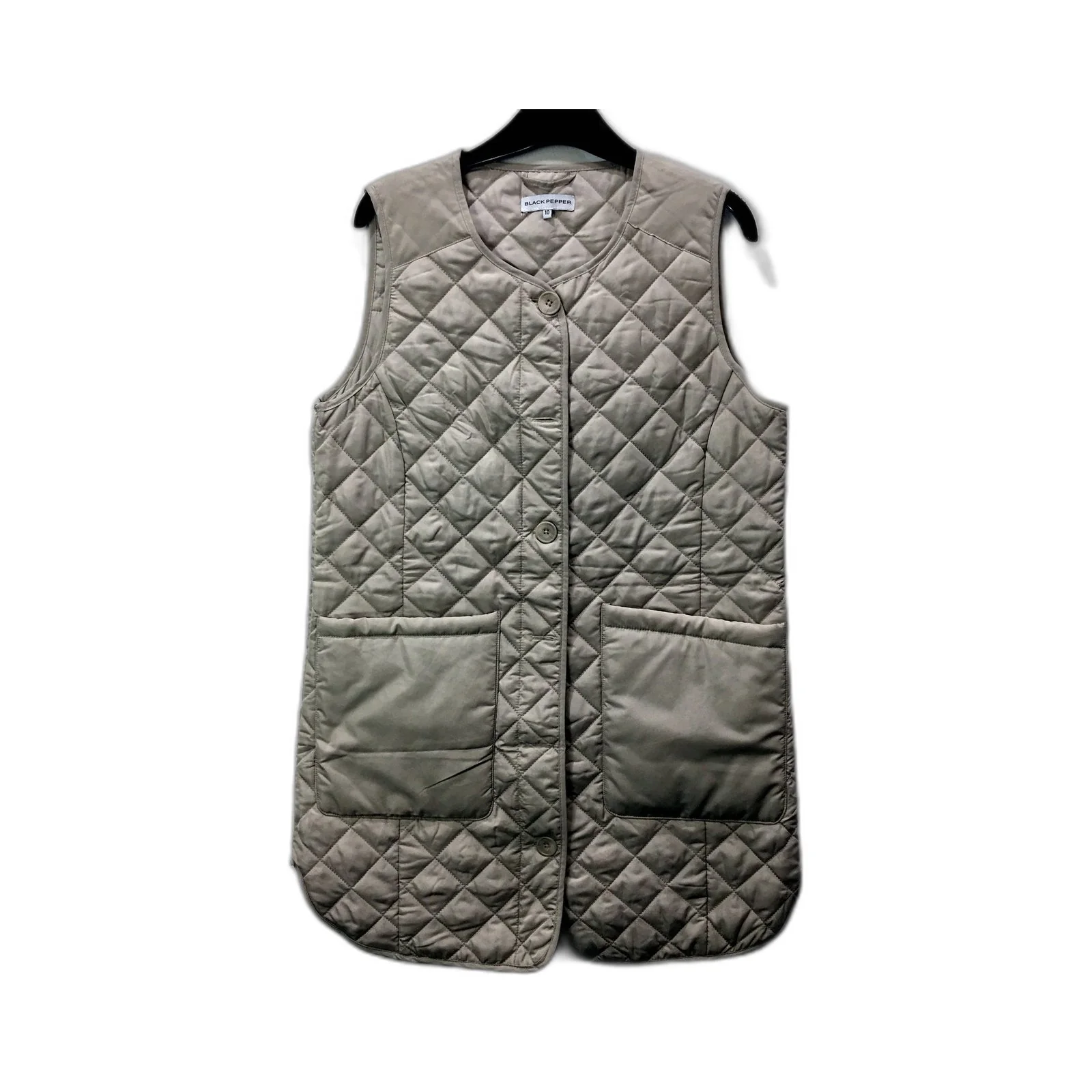 Womens Black Pepper Gray Quilted Vest in Recycled Polyester, Size 10 NEW