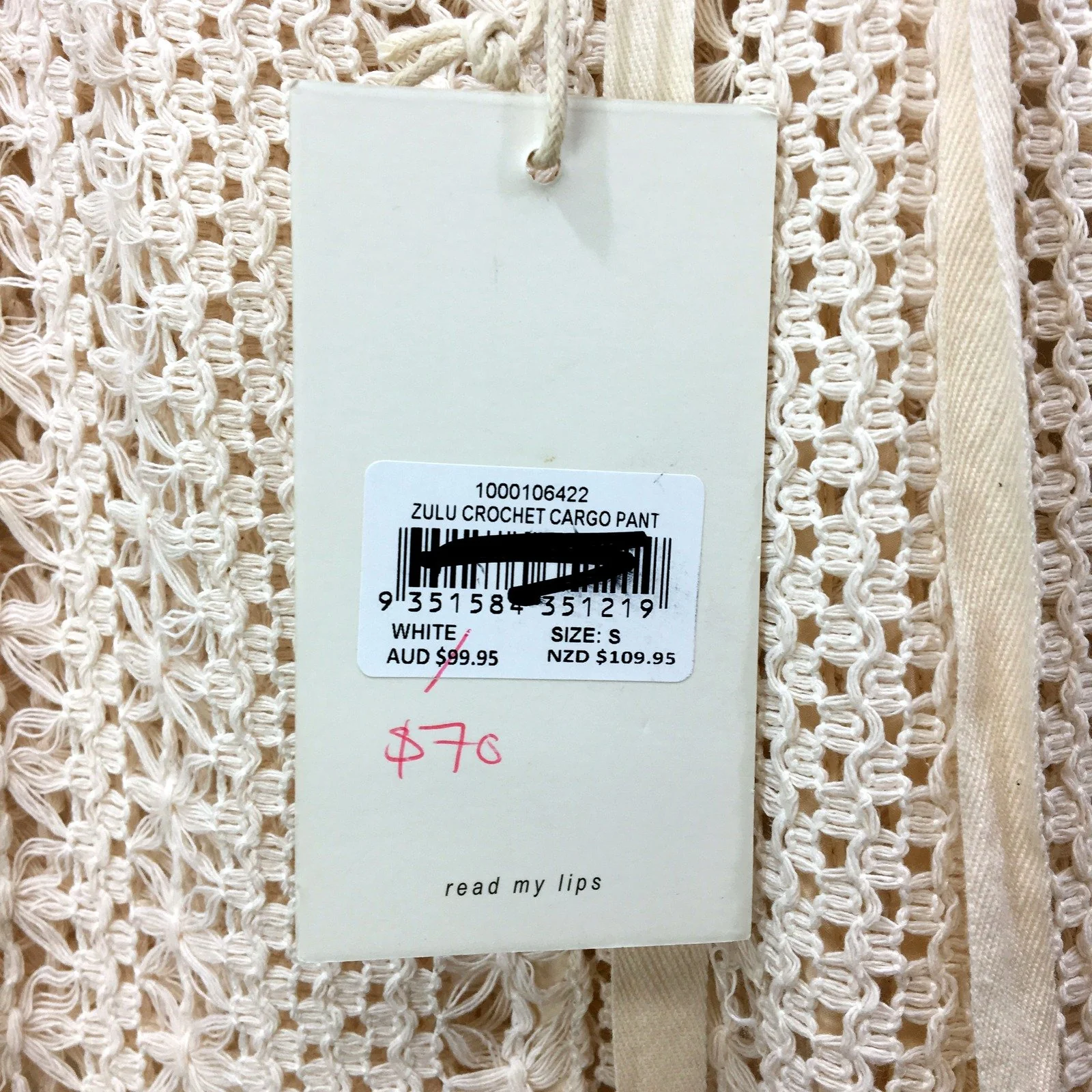 Subtitled Womens Crochet Cargo Pants in White, Size S NEW - Image 3