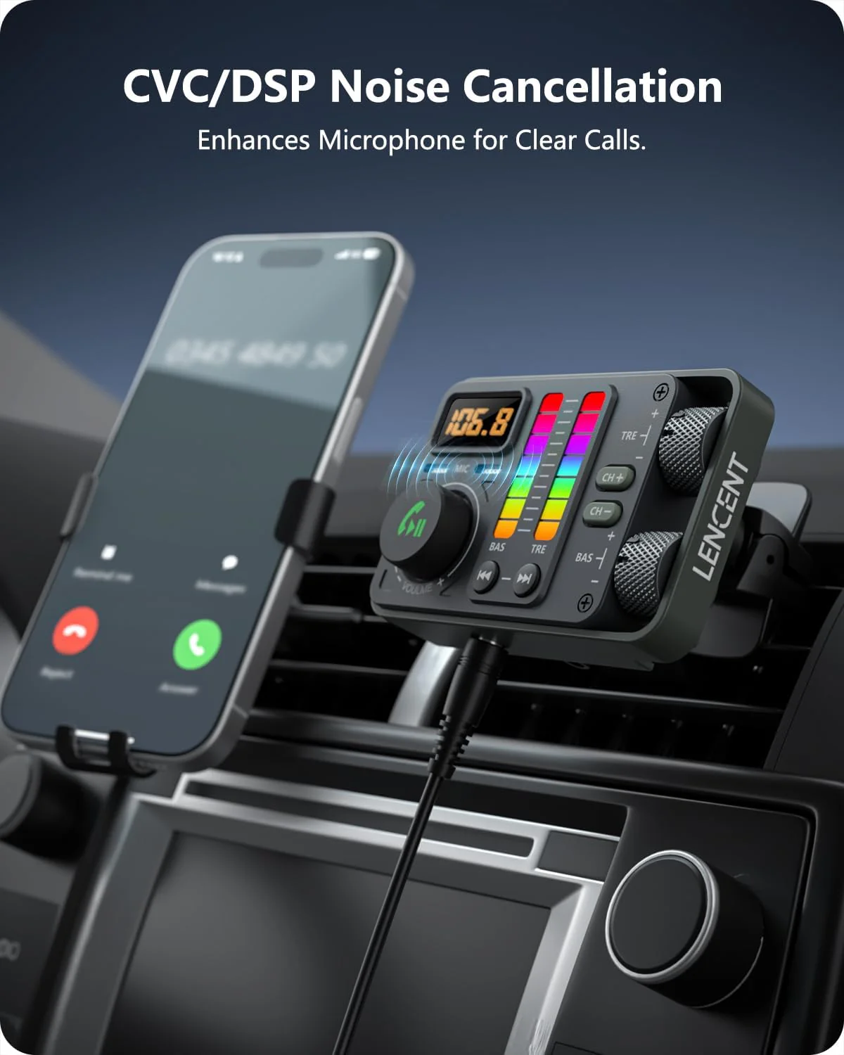 LENCENT Bluetooth 5.3 Car FM Transmitter Hi-Fi Treble Bass Music Player NEW - Image 6