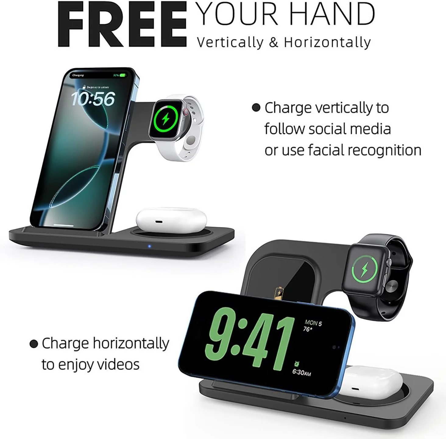 3-in-1 Wireless Charging Station Foldable 15W Fast Charger Stand Black NEW - Image 2