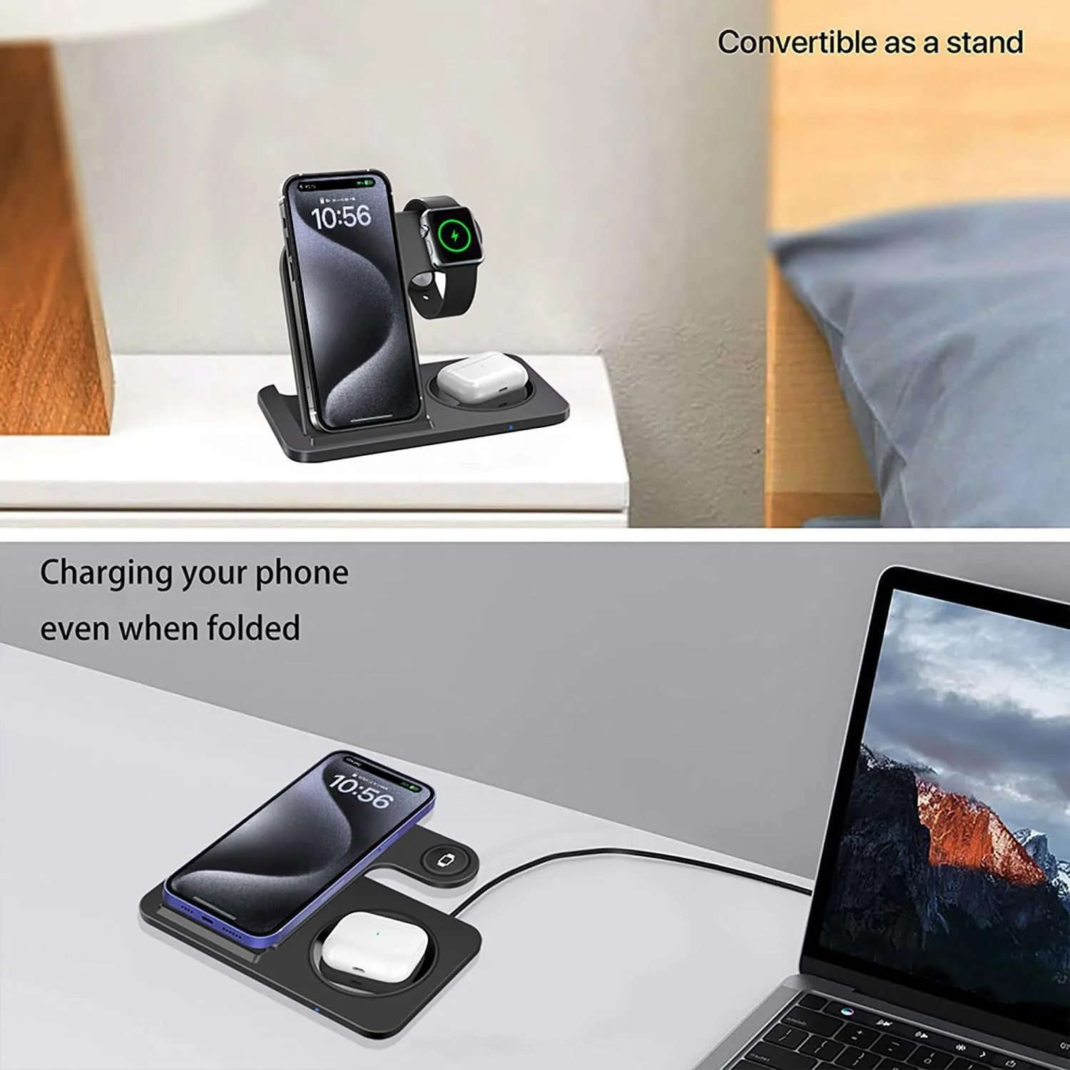 3-in-1 Wireless Charging Station Foldable 15W Fast Charger Stand Black NEW - Image 3