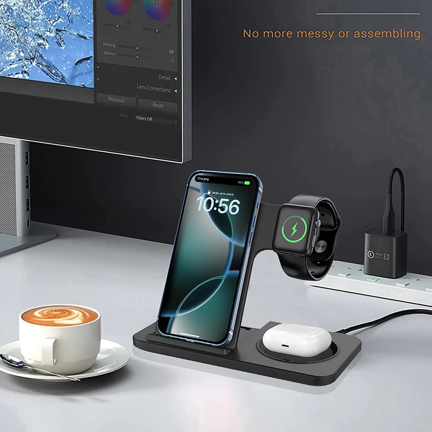 3-in-1 Wireless Charging Station Foldable 15W Fast Charger Stand Black NEW - Image 4