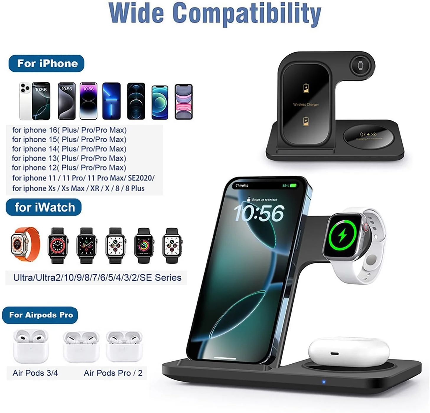 3-in-1 Wireless Charging Station Foldable 15W Fast Charger Stand Black NEW - Image 5