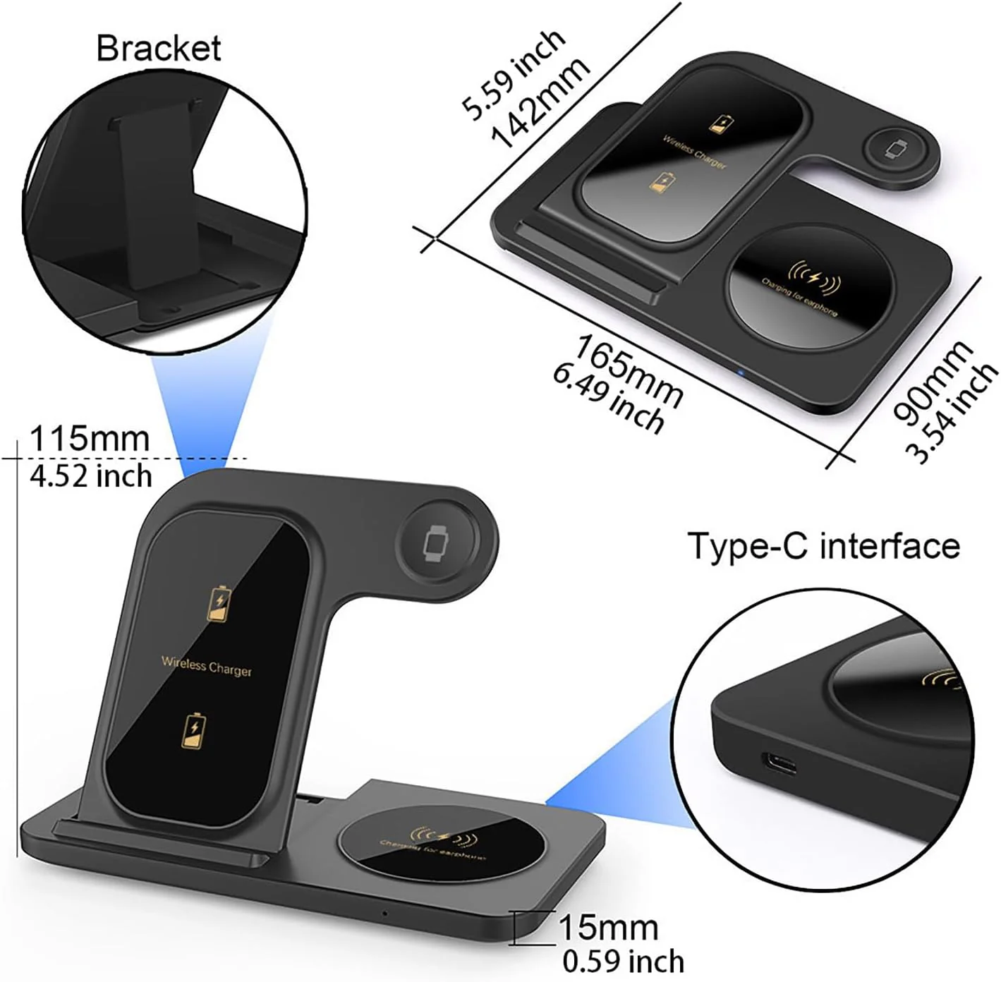 3-in-1 Wireless Charging Station Foldable 15W Fast Charger Stand Black NEW - Image 6