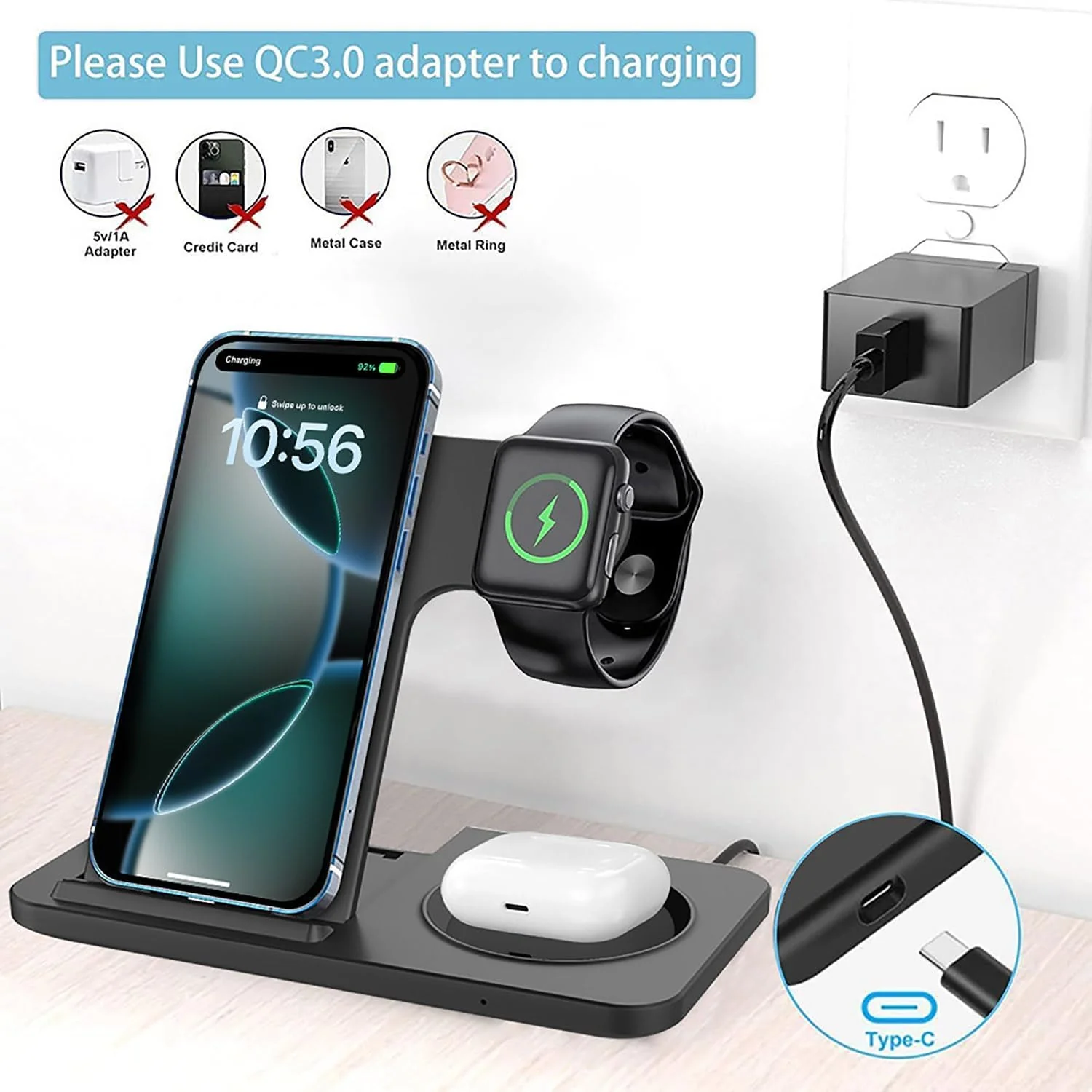 3-in-1 Wireless Charging Station Foldable 15W Fast Charger Stand Black NEW - Image 7