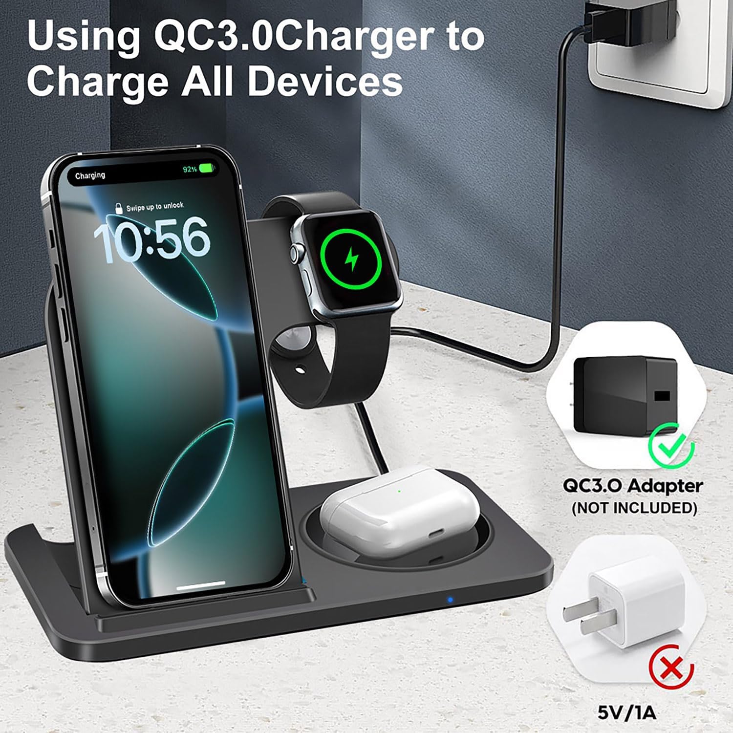 3-in-1 Wireless Charging Station Foldable 15W Fast Charger Stand Black NEW - Image 8