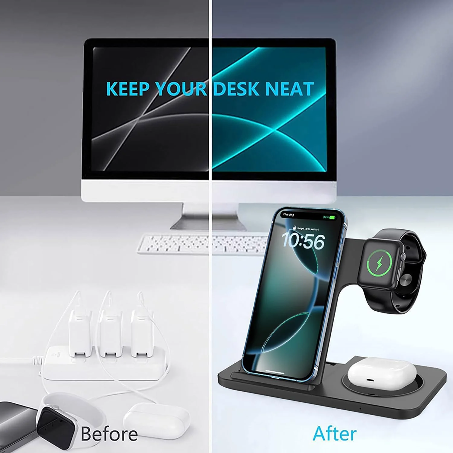 3-in-1 Wireless Charging Station Foldable 15W Fast Charger Stand Black NEW - Image 9