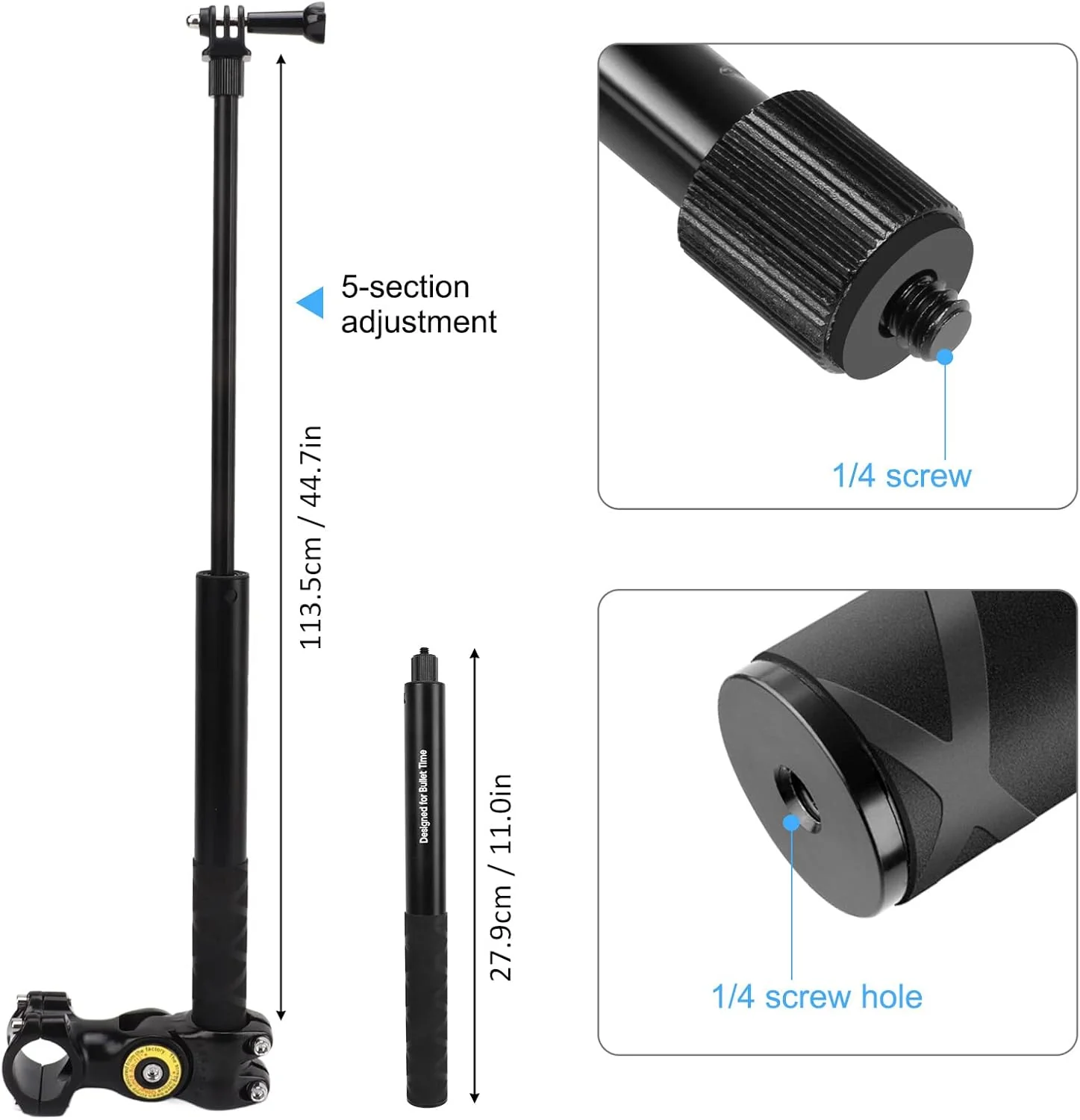 Invisible Selfie Stick Motorcycle Handlebar Mount Camera Black NEW - Image 7