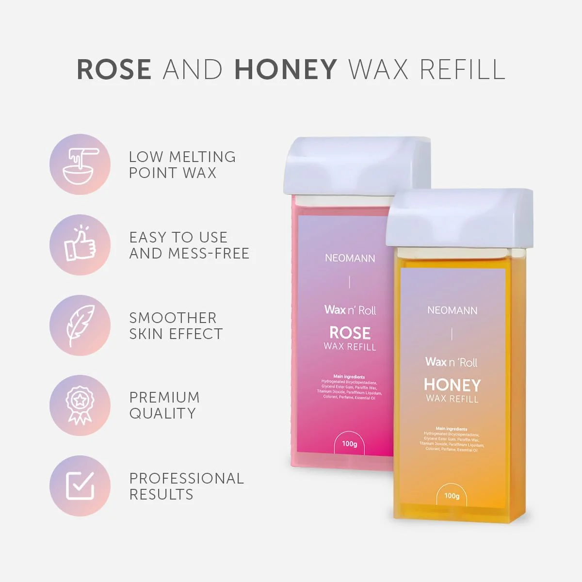 NEOMANN Roll-On Wax Hair Removal Kit with Cartridges and Strips Rose Honey DEMO - Image 6