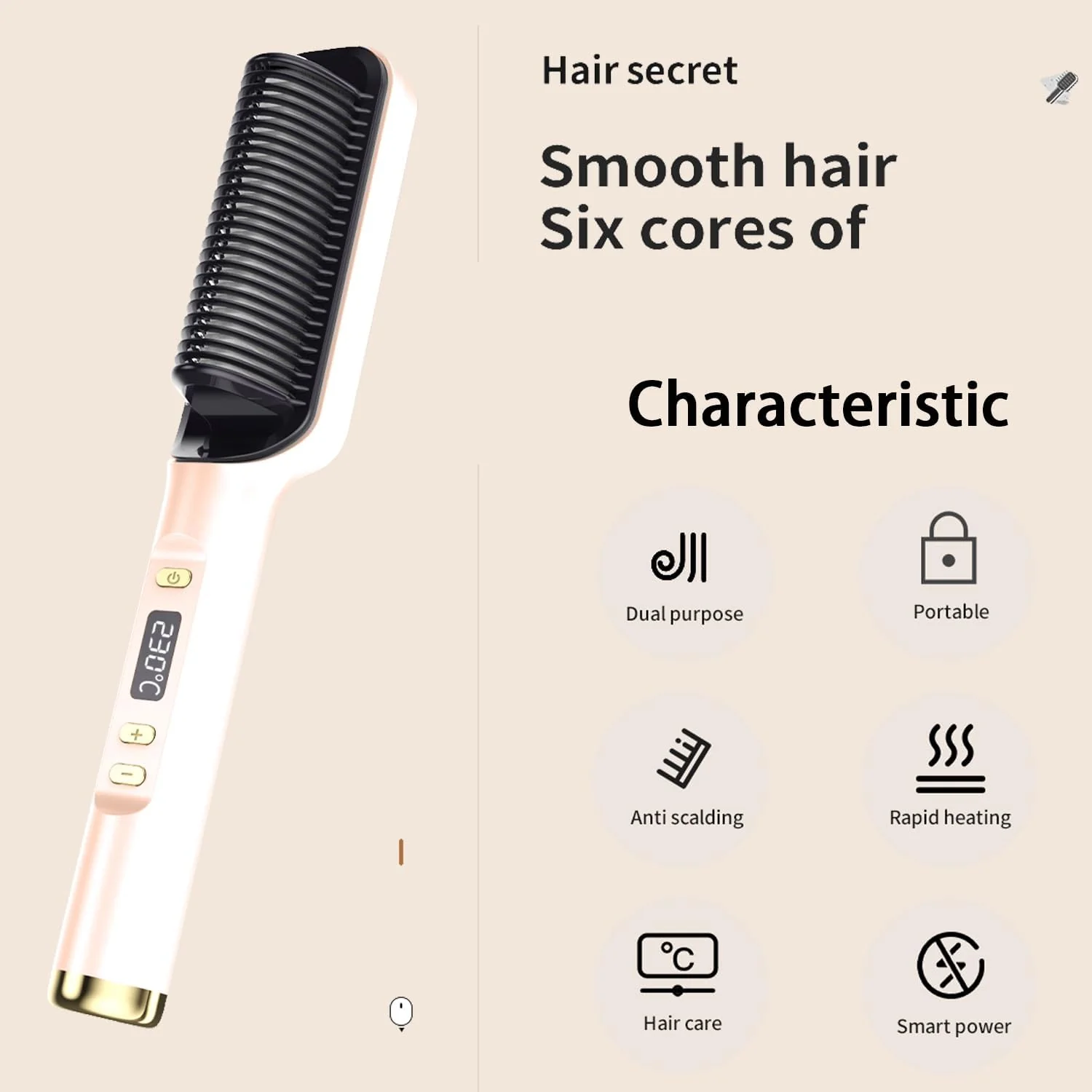 Hair Straightener Brush with Fast Heating Ceramic PTC Rose Gold One Size DEMO - Image 2