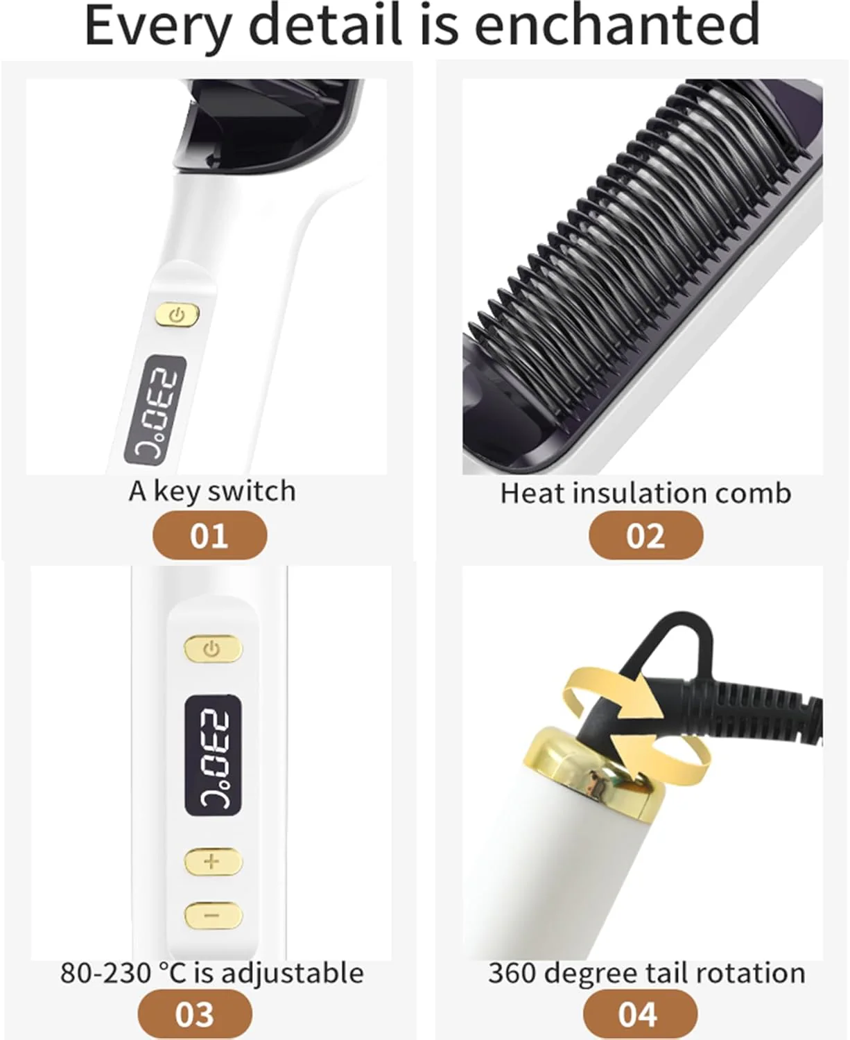 Hair Straightener Brush with Fast Heating Ceramic PTC Rose Gold One Size DEMO - Image 5