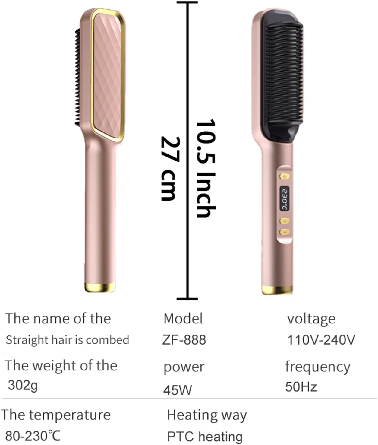 Hair Straightener Brush with Fast Heating Ceramic PTC Rose Gold One Size DEMO - Image 7
