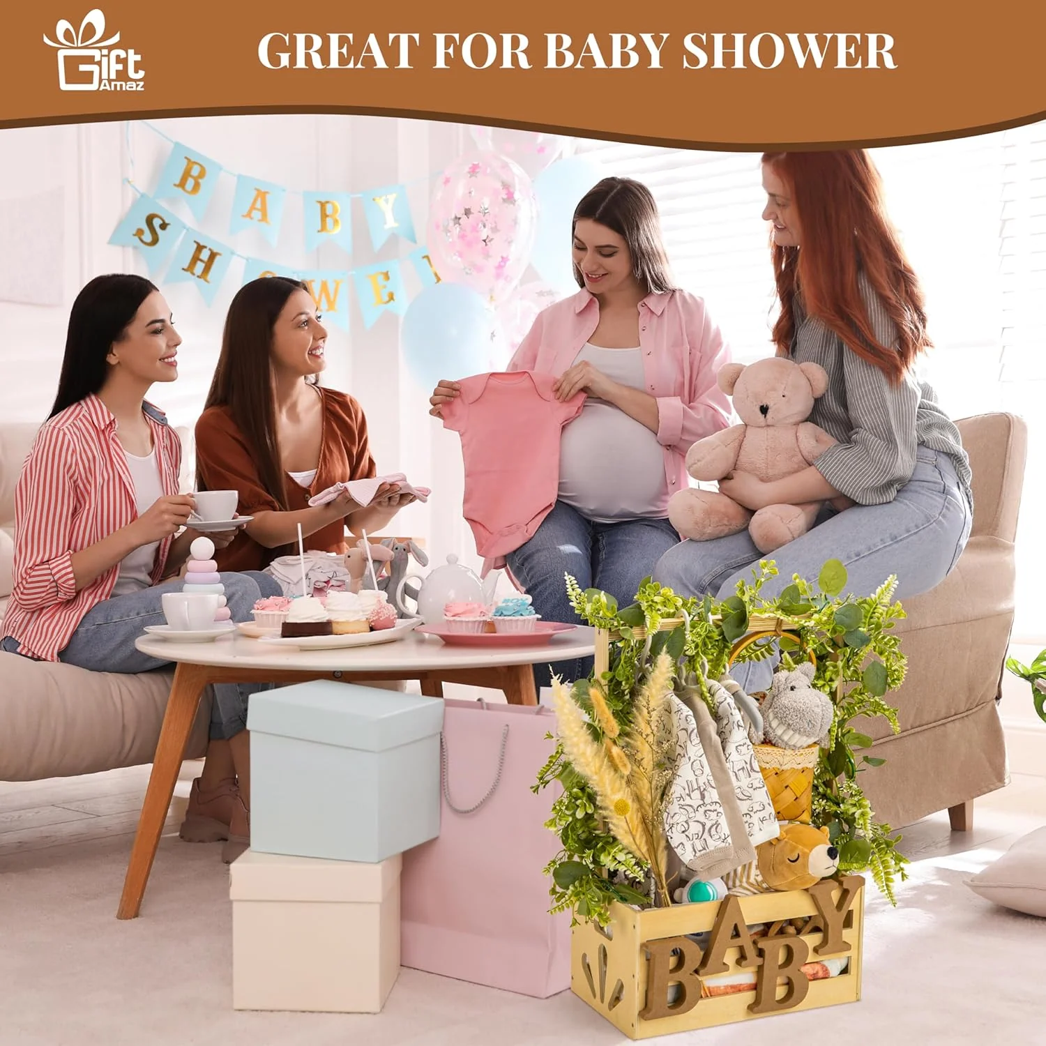 GiftAmaz Wooden Baby Shower Storage Crate Hamper with Handle Natural Size NEW - Image 2