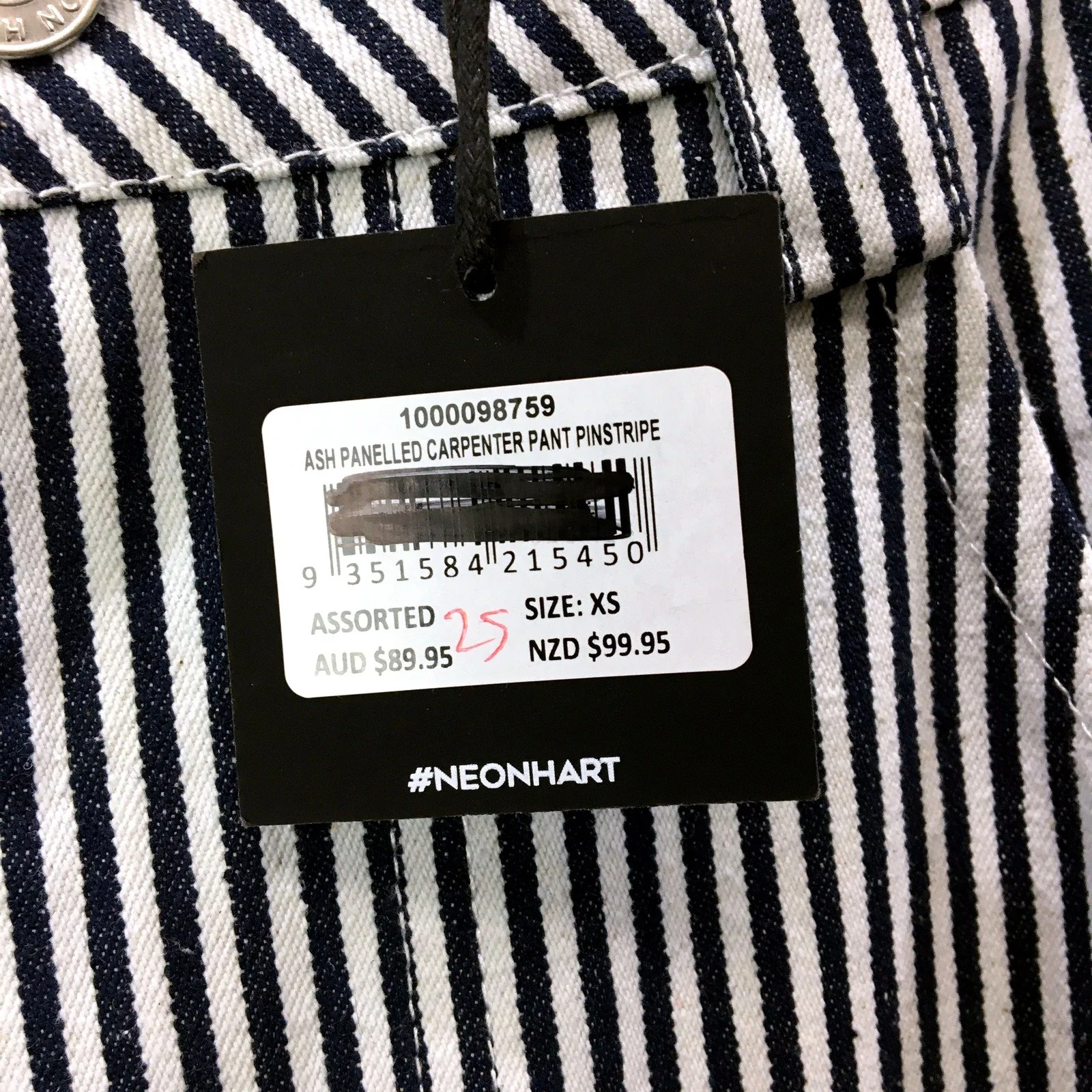 Neon Hart Unisex Carpenter Pants in Black and White Striped, XS Size NEW - Image 5