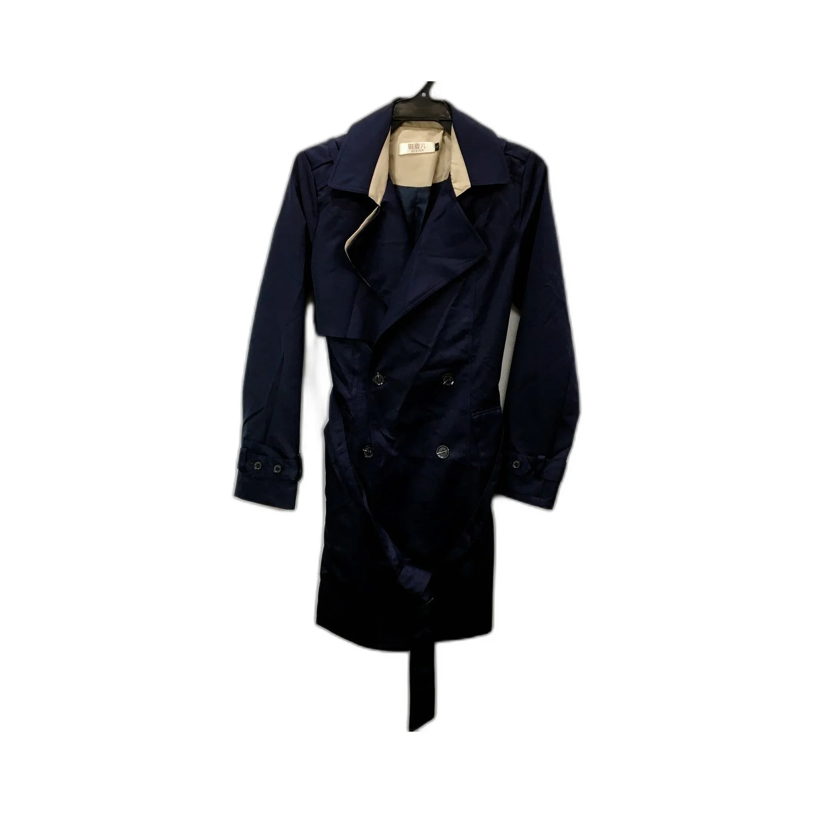 Qizier Womens Navy Blue Double Breasted Belted Trench Coat with Epaulets Size