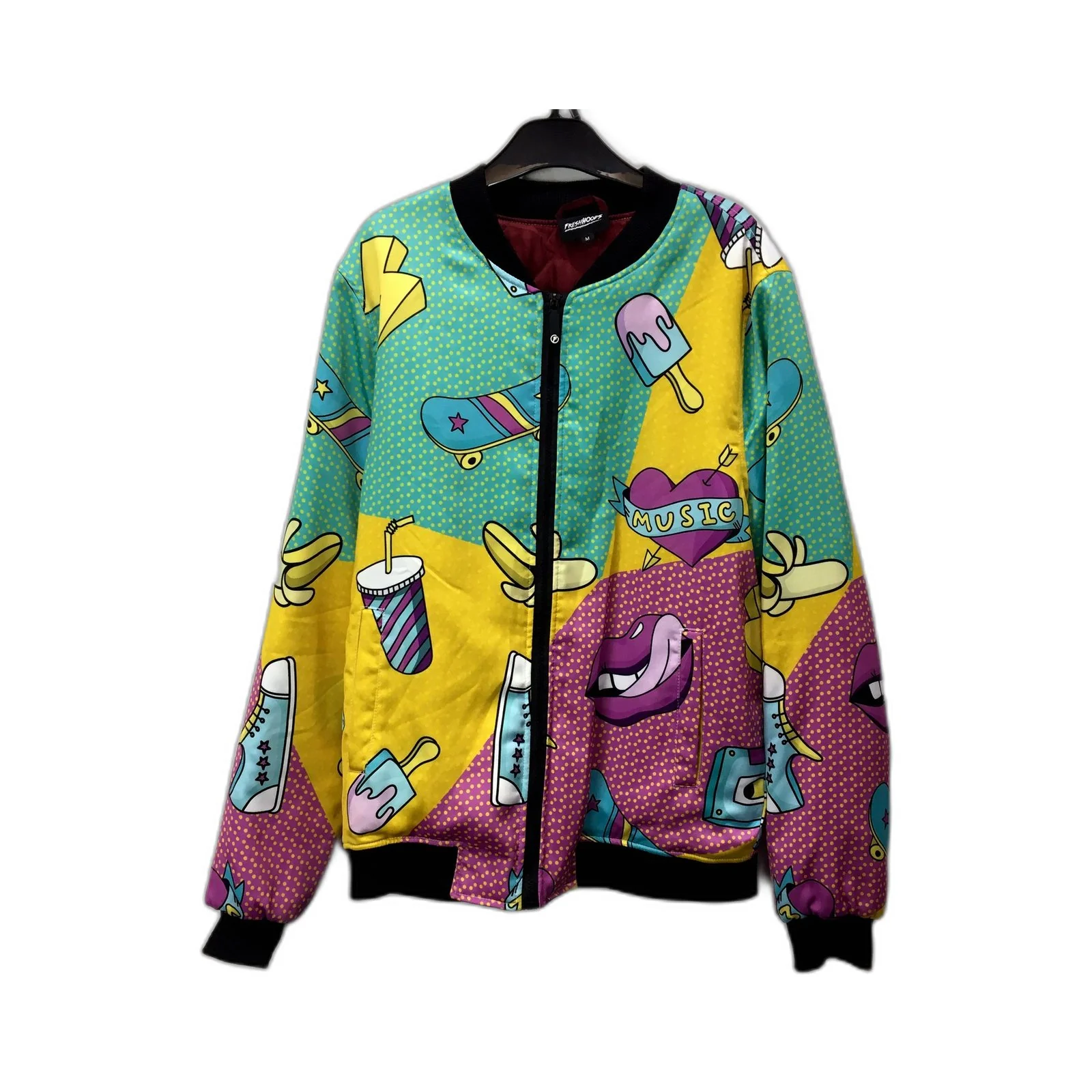 Freshhoods Mens Zip-Up Bomber Jacket Graphic Music Skateboard Multicolor Size M