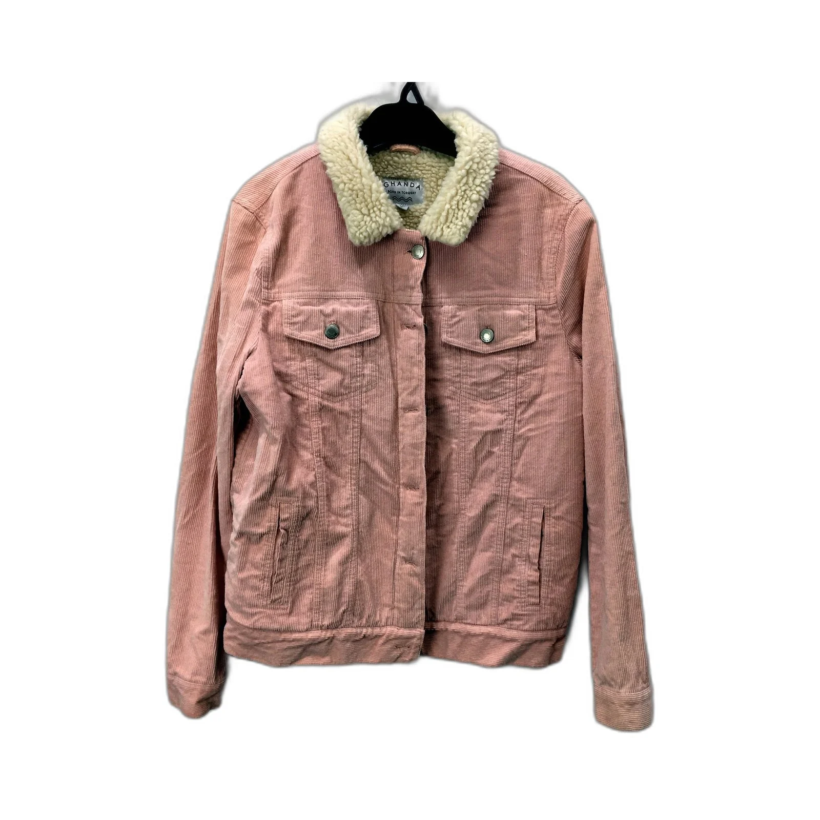 Ghanda Womens Corduroy Jacket with Faux Fur Collar in Pink, Size 10