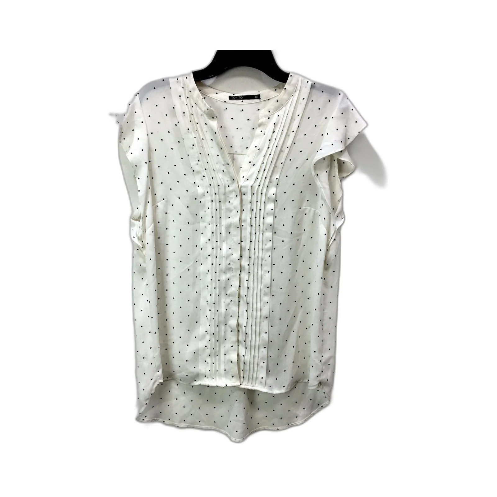 Tokito Womens Polka Dot Blouse Pleated Short Sleeve White, Black Dots Size 10
