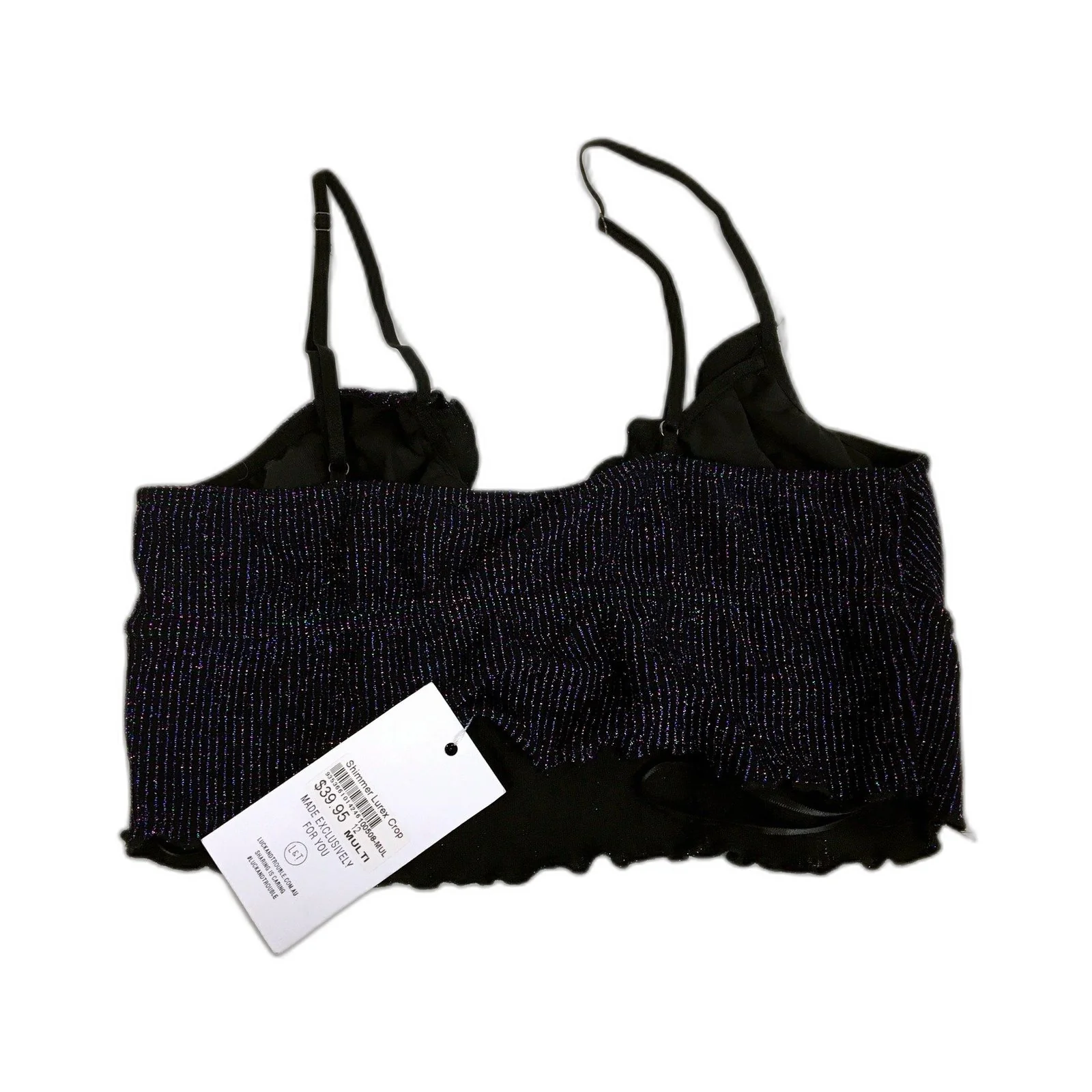 Luck & Trouble Womens Shimmer Lurex Crop Top Black with Multicolor Size 12 NEW - Image 2
