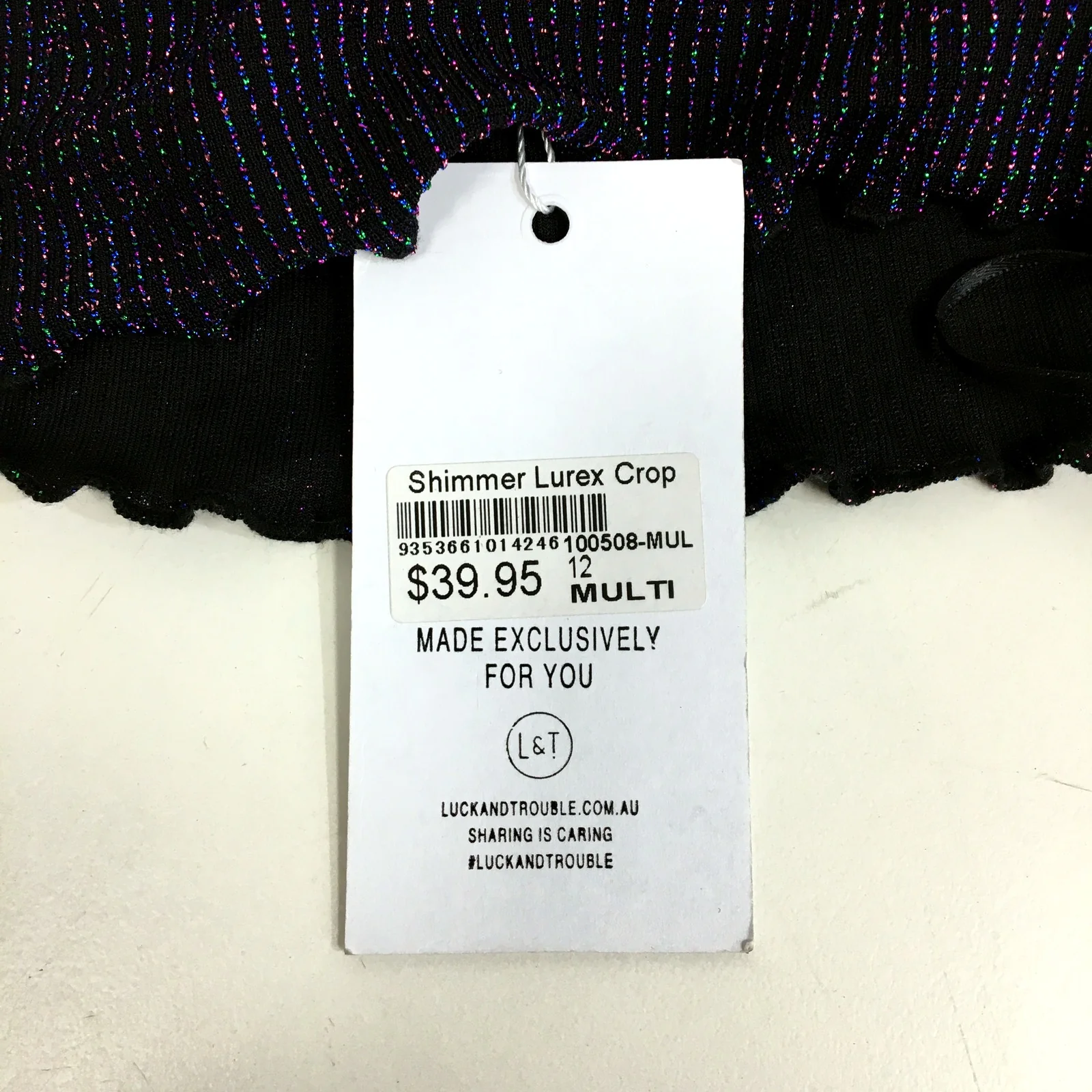 Luck & Trouble Womens Shimmer Lurex Crop Top Black with Multicolor Size 12 NEW - Image 3