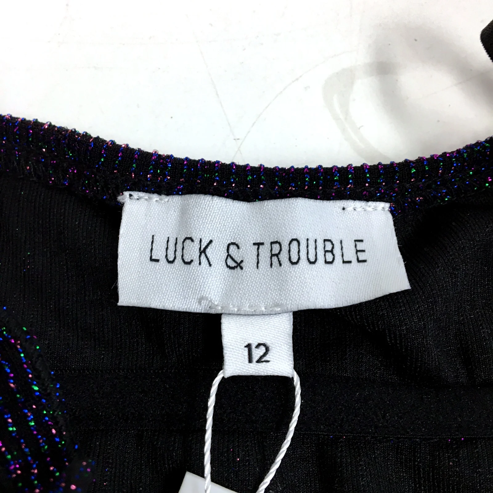 Luck & Trouble Womens Shimmer Lurex Crop Top Black with Multicolor Size 12 NEW - Image 4