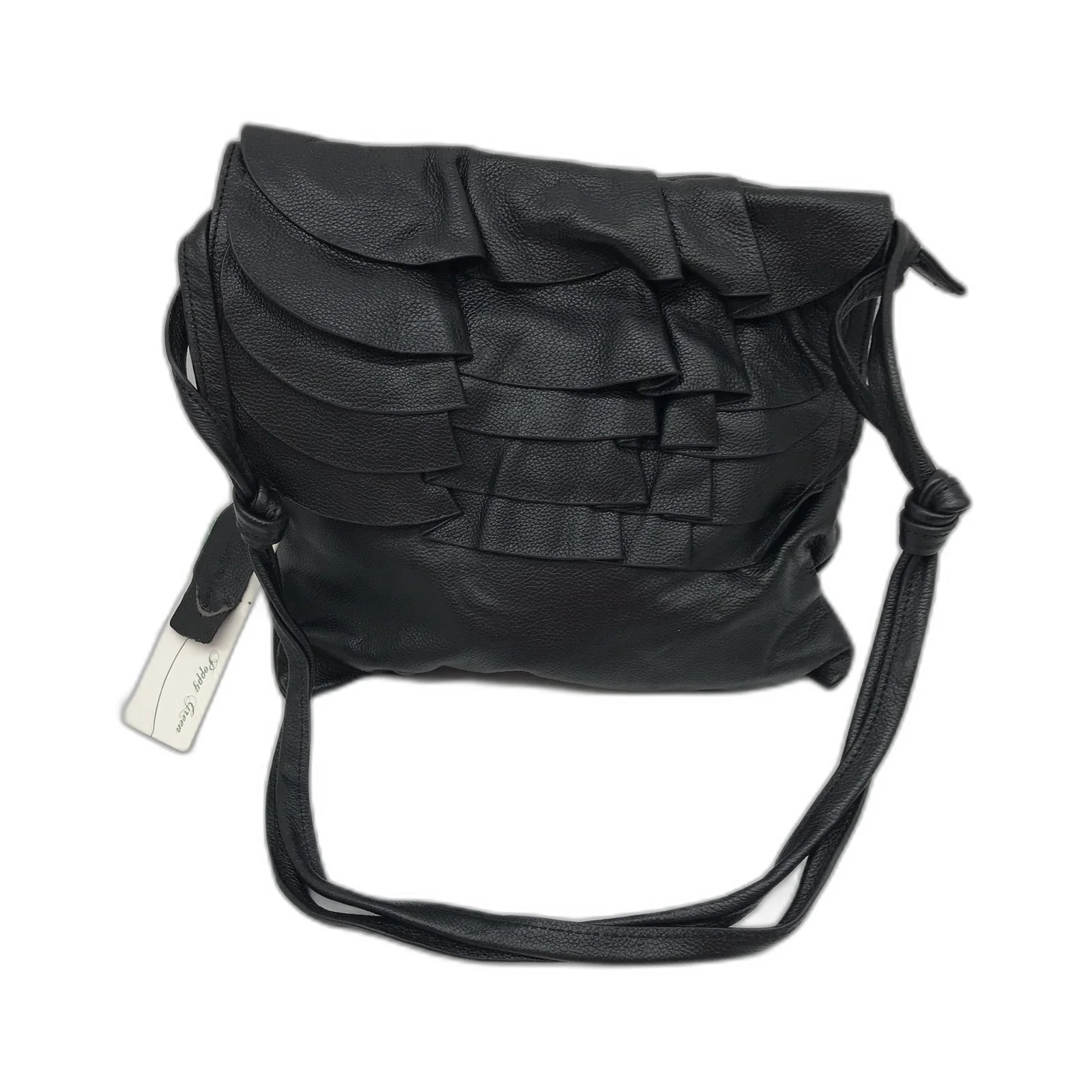Poppy Green Pleated Leather Crossbody Bag Ruffle Handbag Black NEW