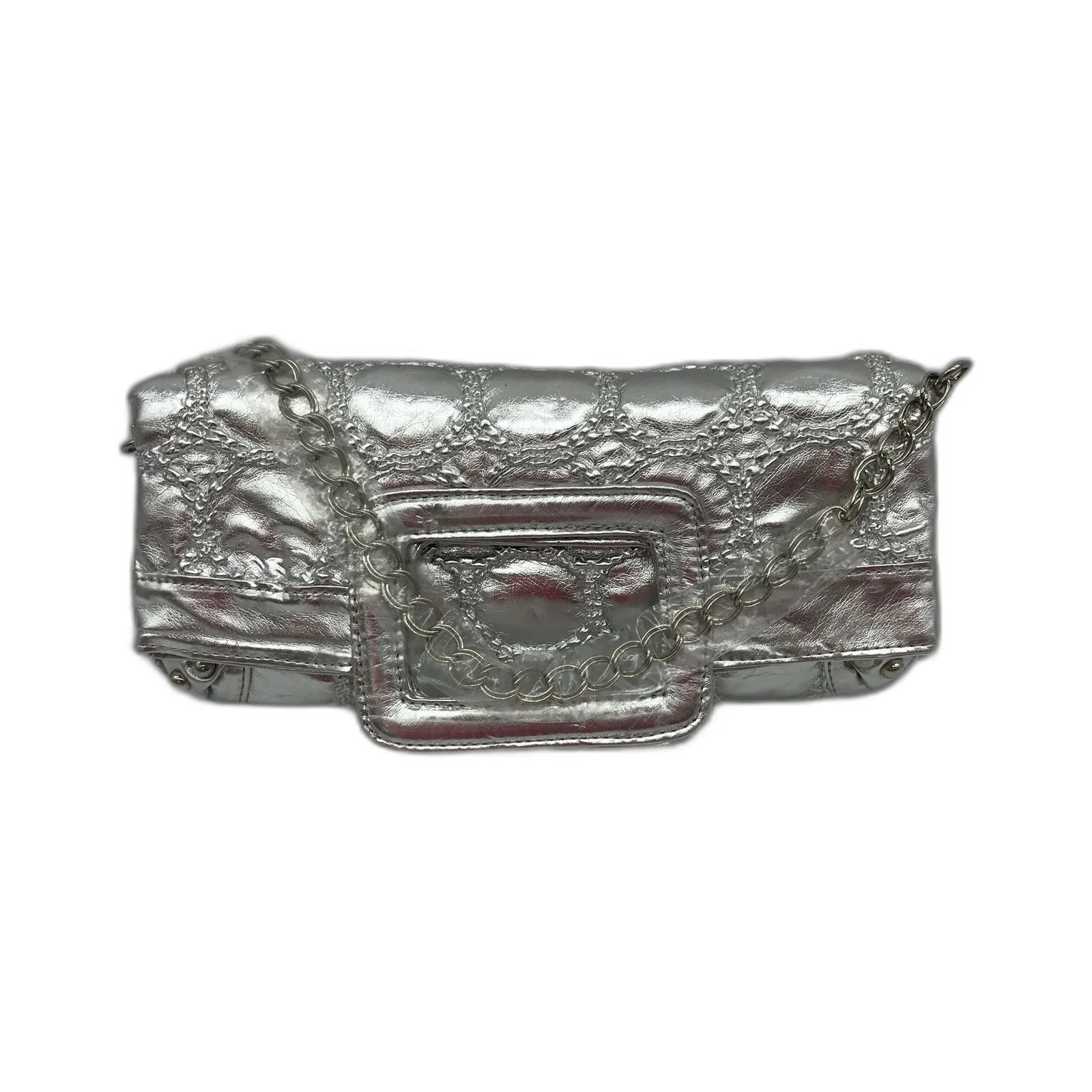Metallic Faux Leather Chain Strap Handbag Women's Silver Shoulder Bag NEW