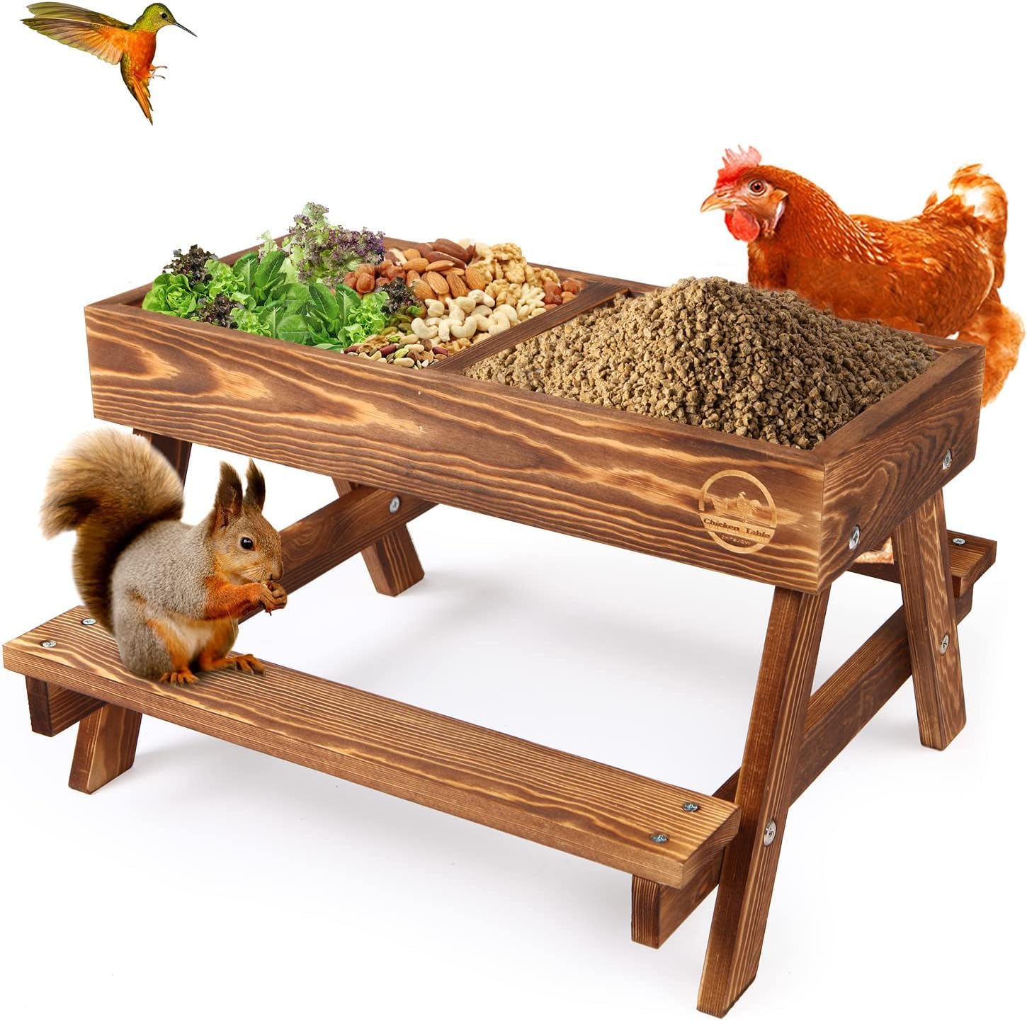 Cozioz Handmade Feeders Chicken Picnic Table Feeder Carbonized Solid Wood DEMO