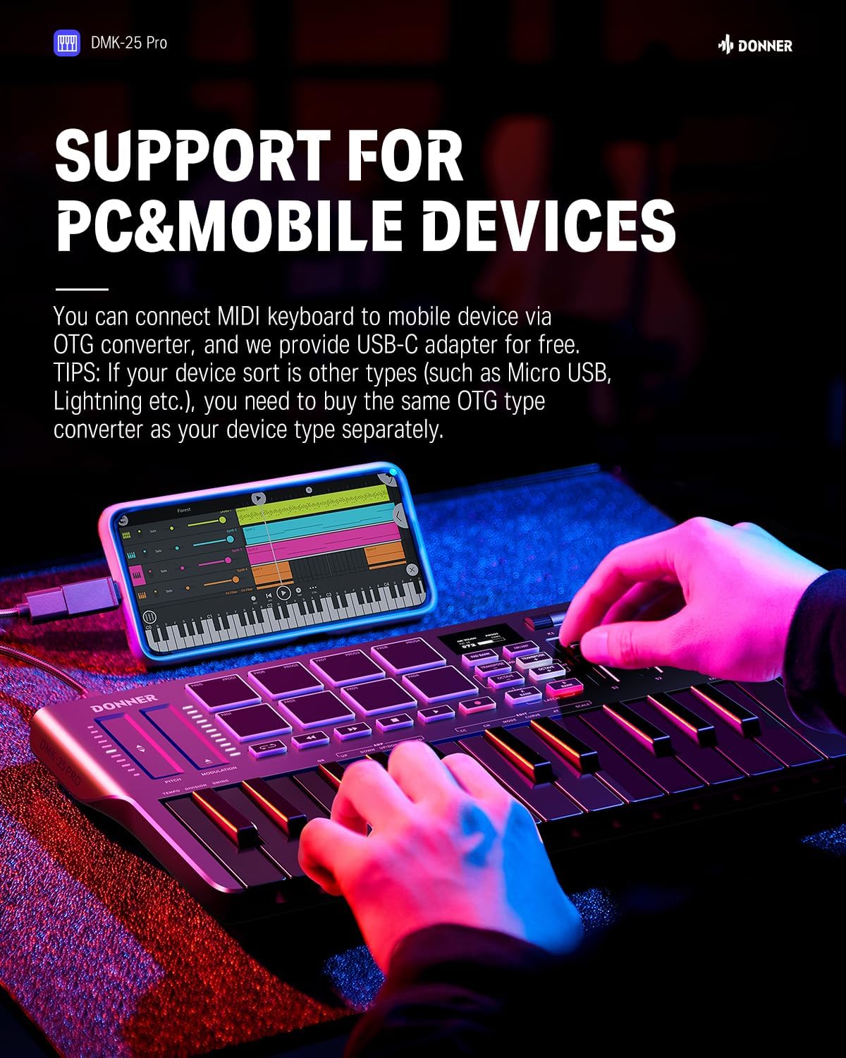 Donner DMK25 Pro 25-Key Portable USB-C MIDI Keyboard Controller for Music NEW - Image 7