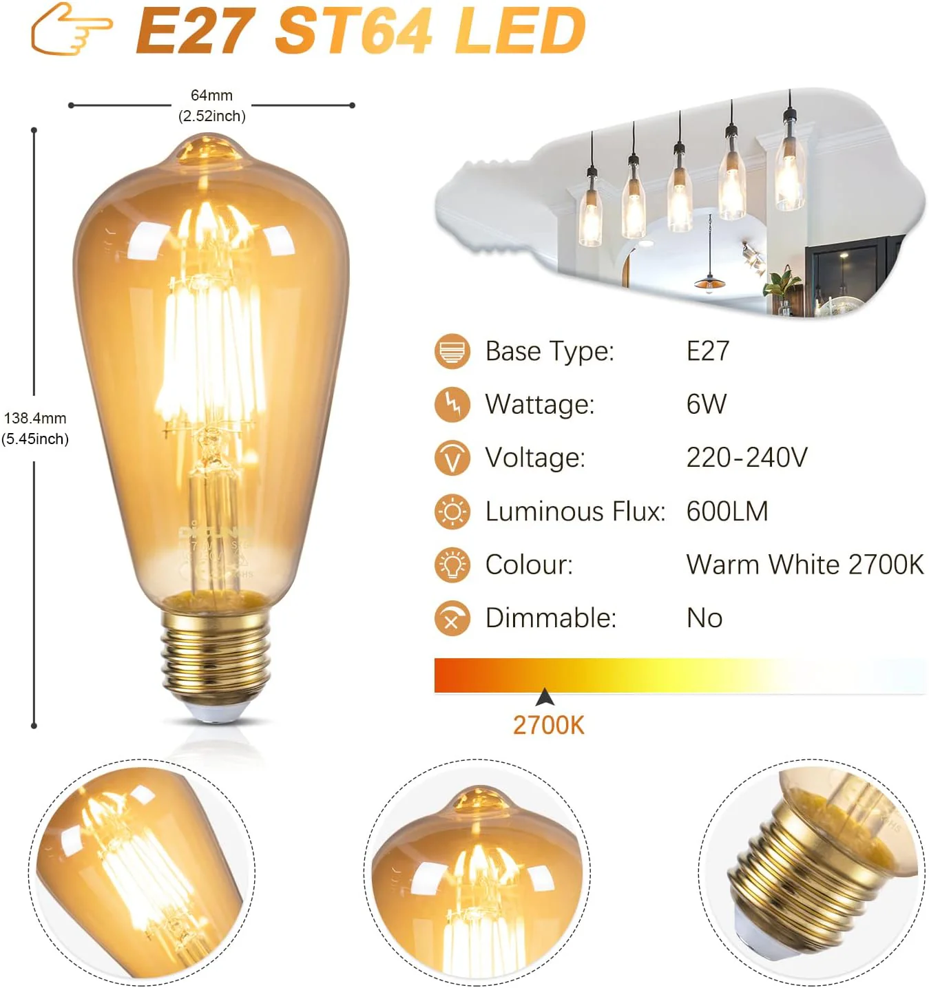 DiCUNO Vintage LED Bulbs Amber LED Edison Bulb, 6W Equivalent Retro Glass DEMO - Image 2