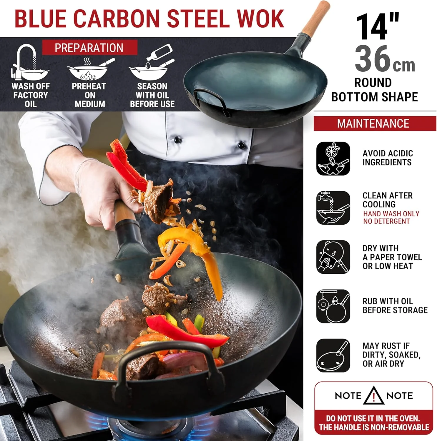 YOSUKATA 36cm Woks Round Bottom Pre-Seasoned Carbon Steel Wok Pan in Blue DEMO - Image 3