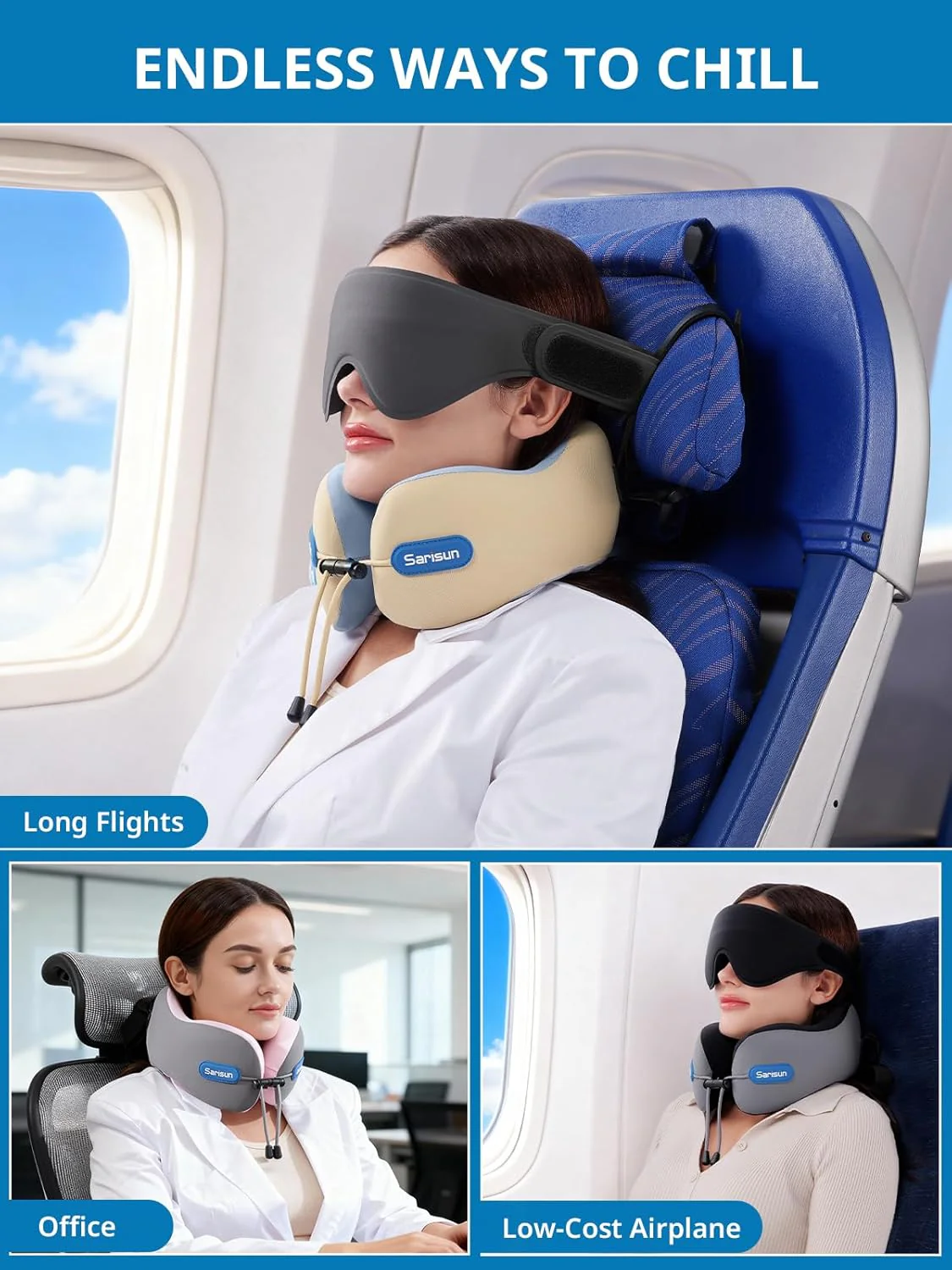 SARISUN Neck Support Travel Pillow with Strap Comfortable Memory Foam Grey - Image 8