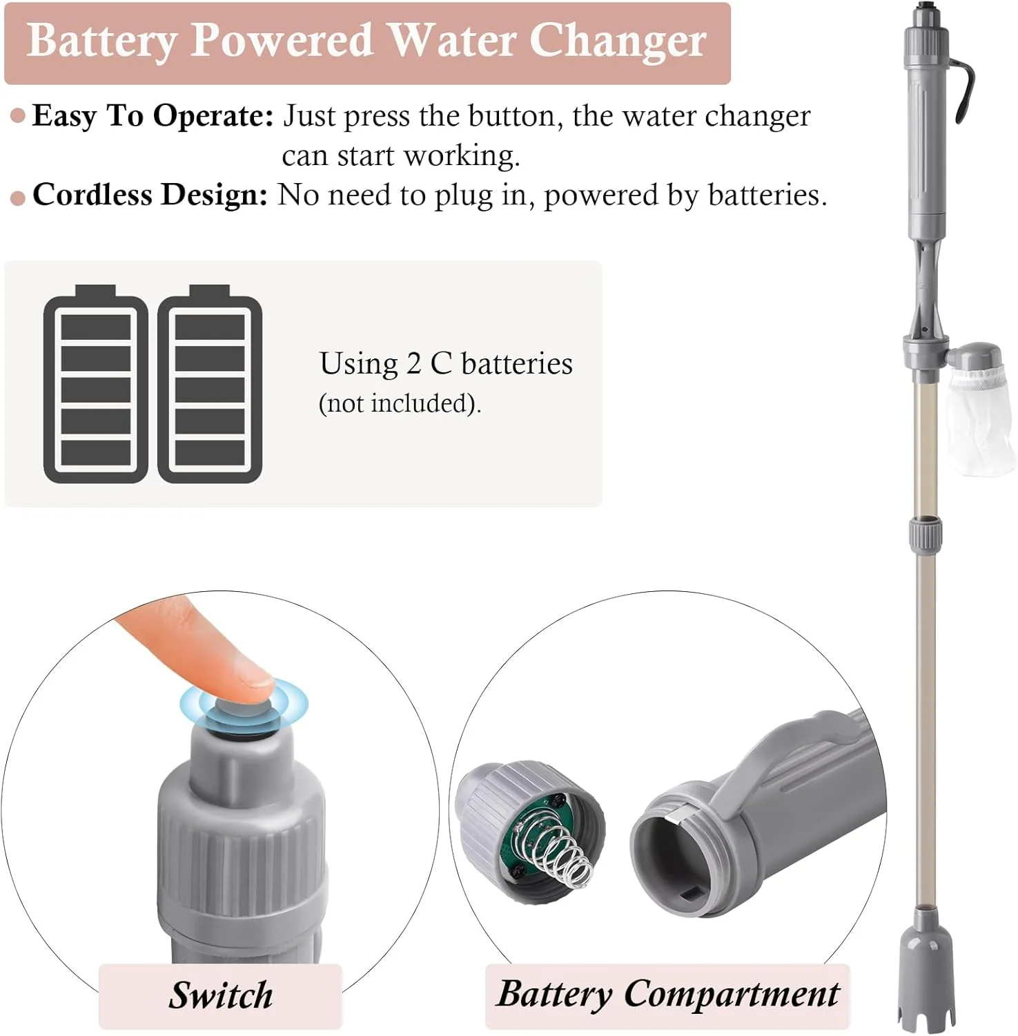 Dirvin Aquarium Cleaners Vacuum Gravel Cleaner Battery Fish Tank Water NEW - Image 4