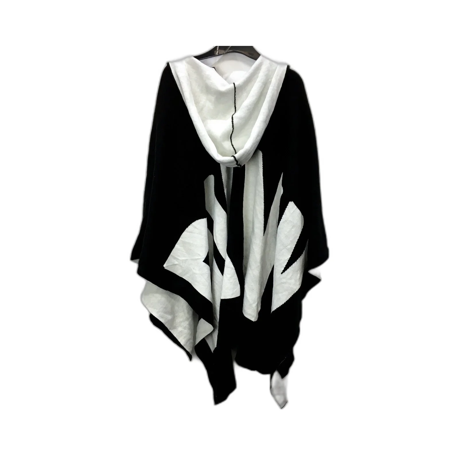 DKNY Womens Oversized Geometric Hooded Poncho Shawl Black and White Size One - Image 2