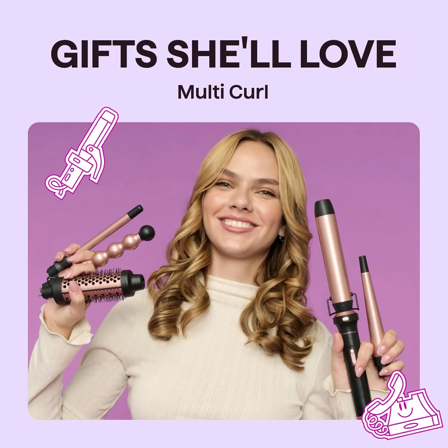 wavytalk 5-in-1 Curling Wand Set with Thermal Brush Pink 25 Mm, 13 13-25 32 NEW - Image 2