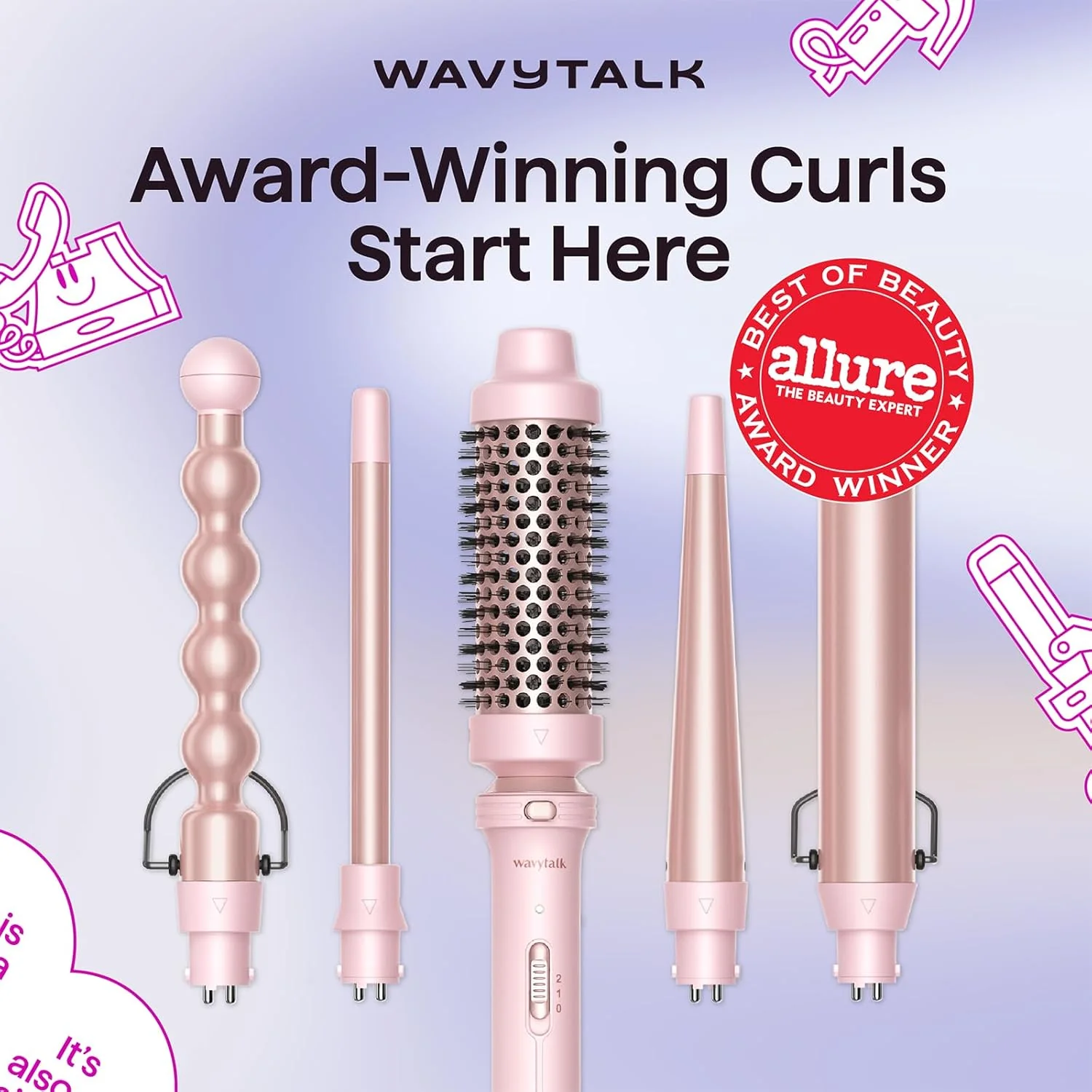 wavytalk 5-in-1 Curling Wand Set with Thermal Brush Pink 25 Mm, 13 13-25 32 NEW - Image 4