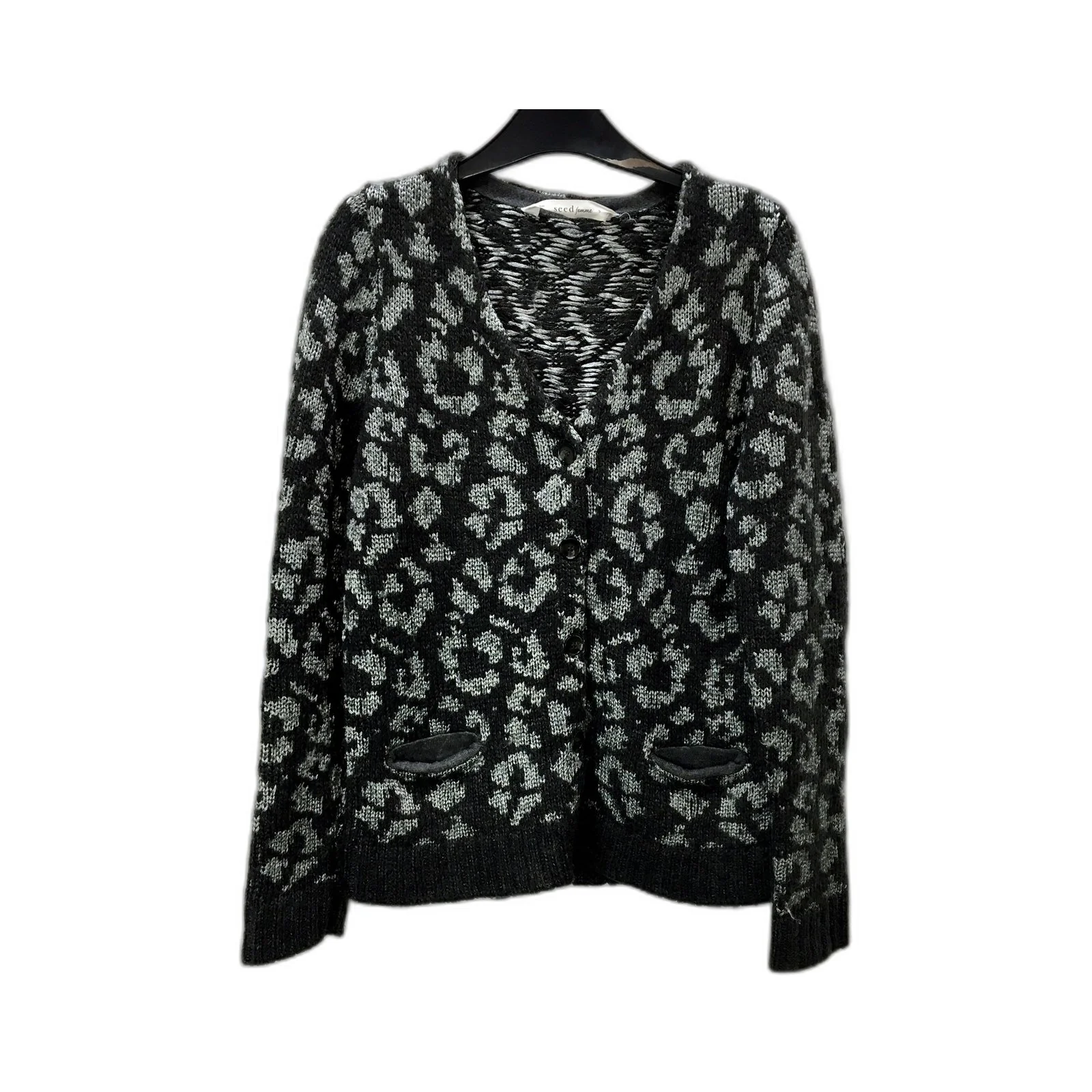 Seed femme Womens Button-Down Sweater Black and Gray Floral Pullover Size Small - Image 2