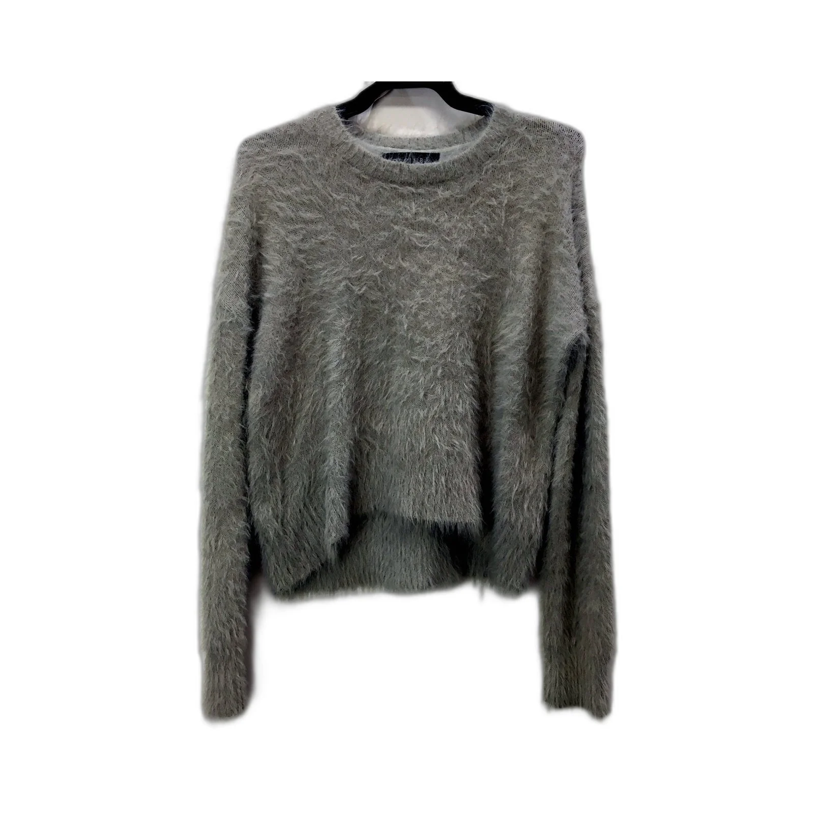 Decjuba Womens Fuzzy Acrylic Pullover Sweater in Grey, Soft Cozy Knit Jumper