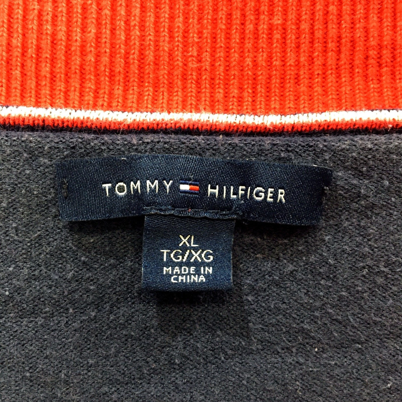 Tommy Hilfiger Mens Pullover Sweatshirt Navy Blue Red Cotton V-Neck Size XL - Image 4