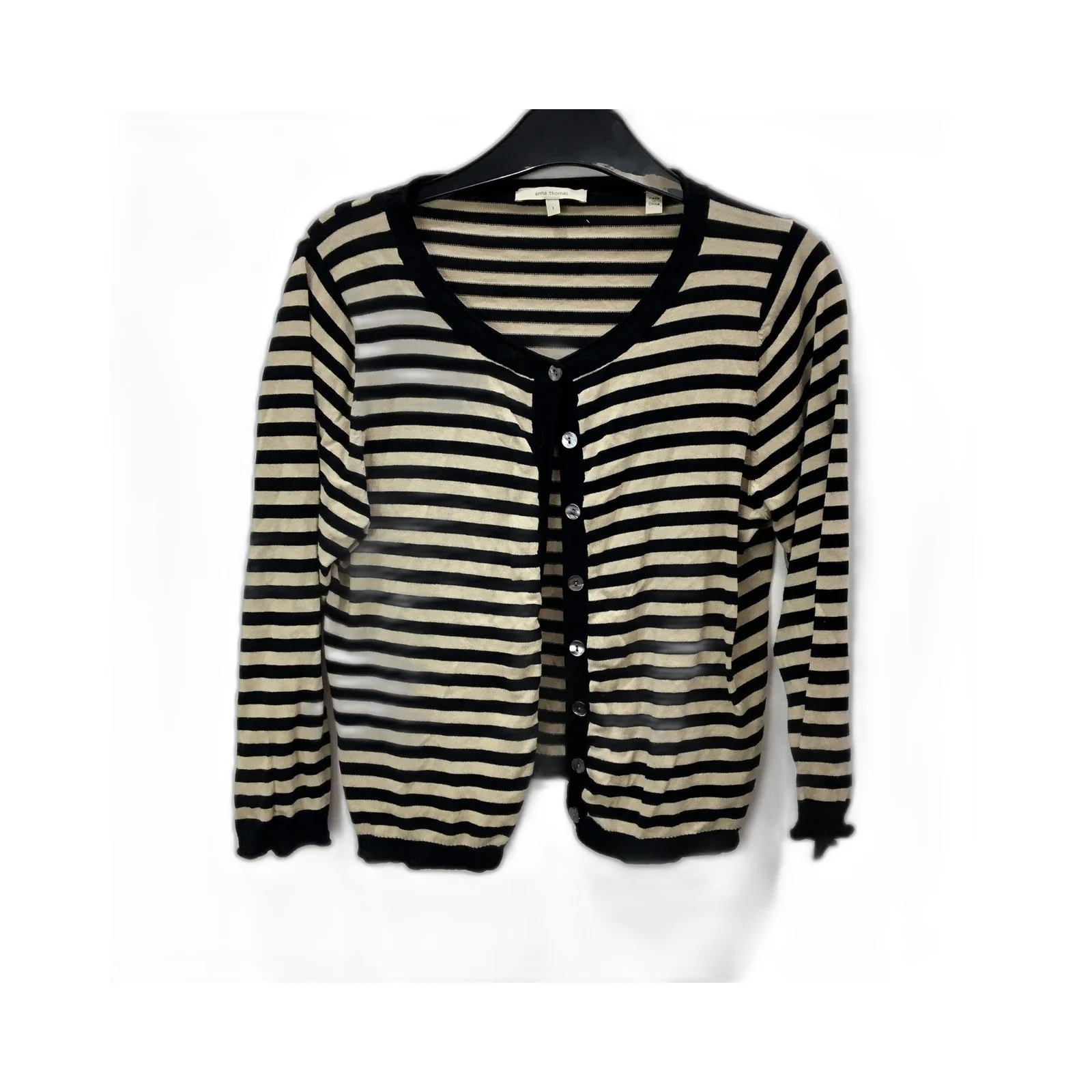 Anna Thomas Womens Striped Cotton Cardigan Sweater Black and Beige Size 1