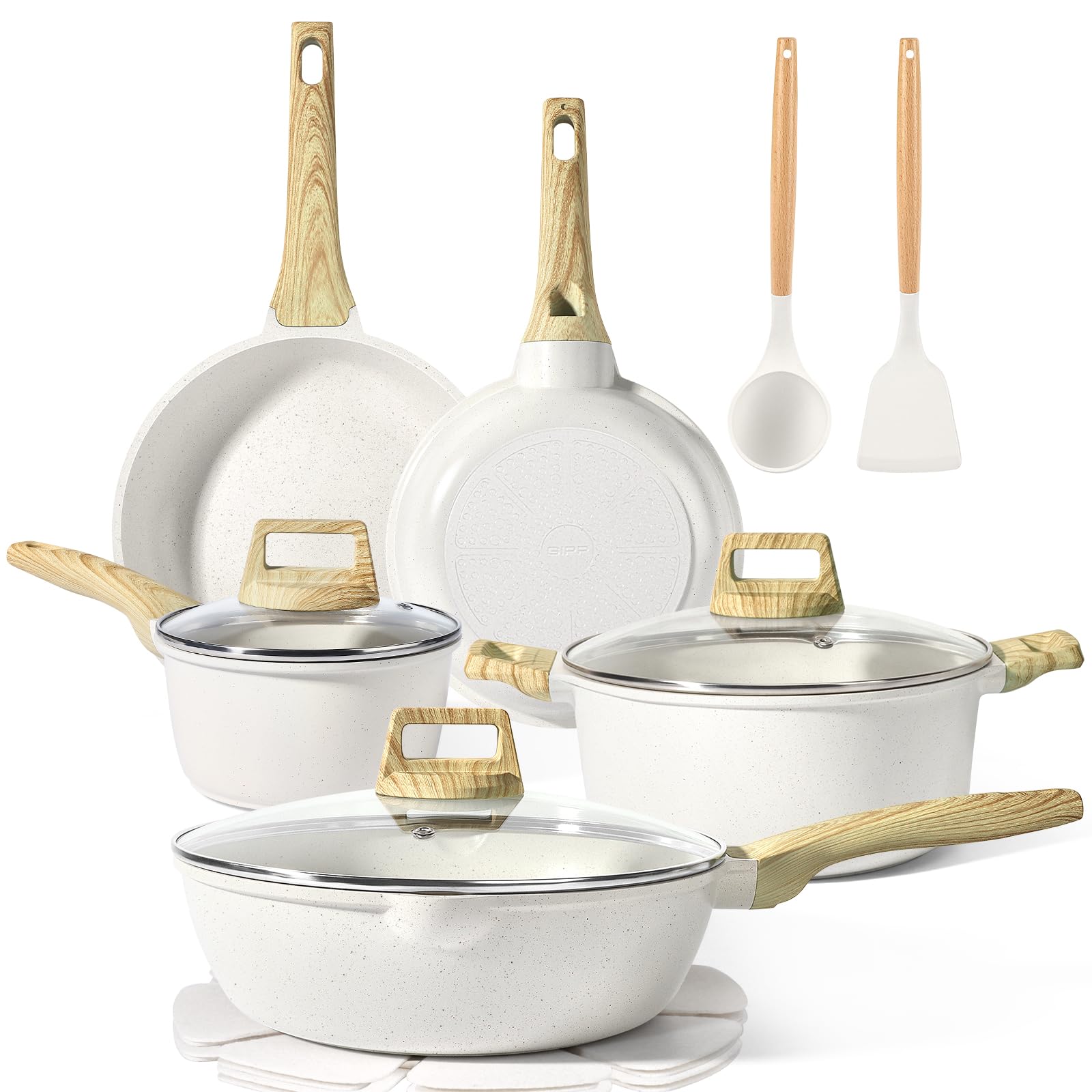 GiPP 14-Piece Pot & Pan Sets White Granite Non-Stick Cookware Set - Pots, NEW