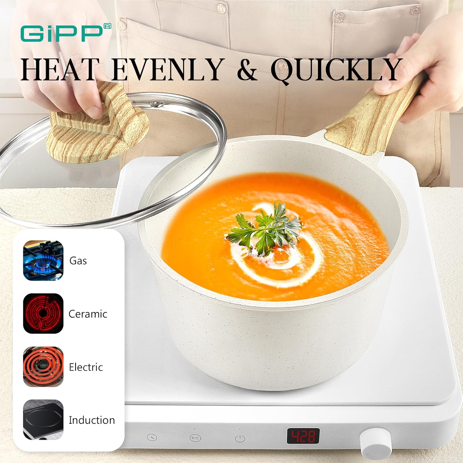 GiPP 14-Piece Pot & Pan Sets White Granite Non-Stick Cookware Set - Pots, NEW - Image 3