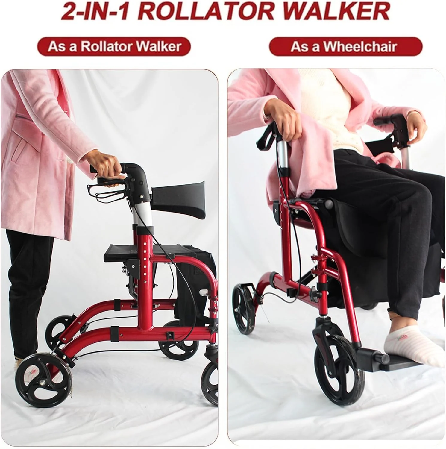 LUVAGD 2-in-1 Wheelchairs Foldable Rollator Wheelchair with Seat DEMO - Image 3