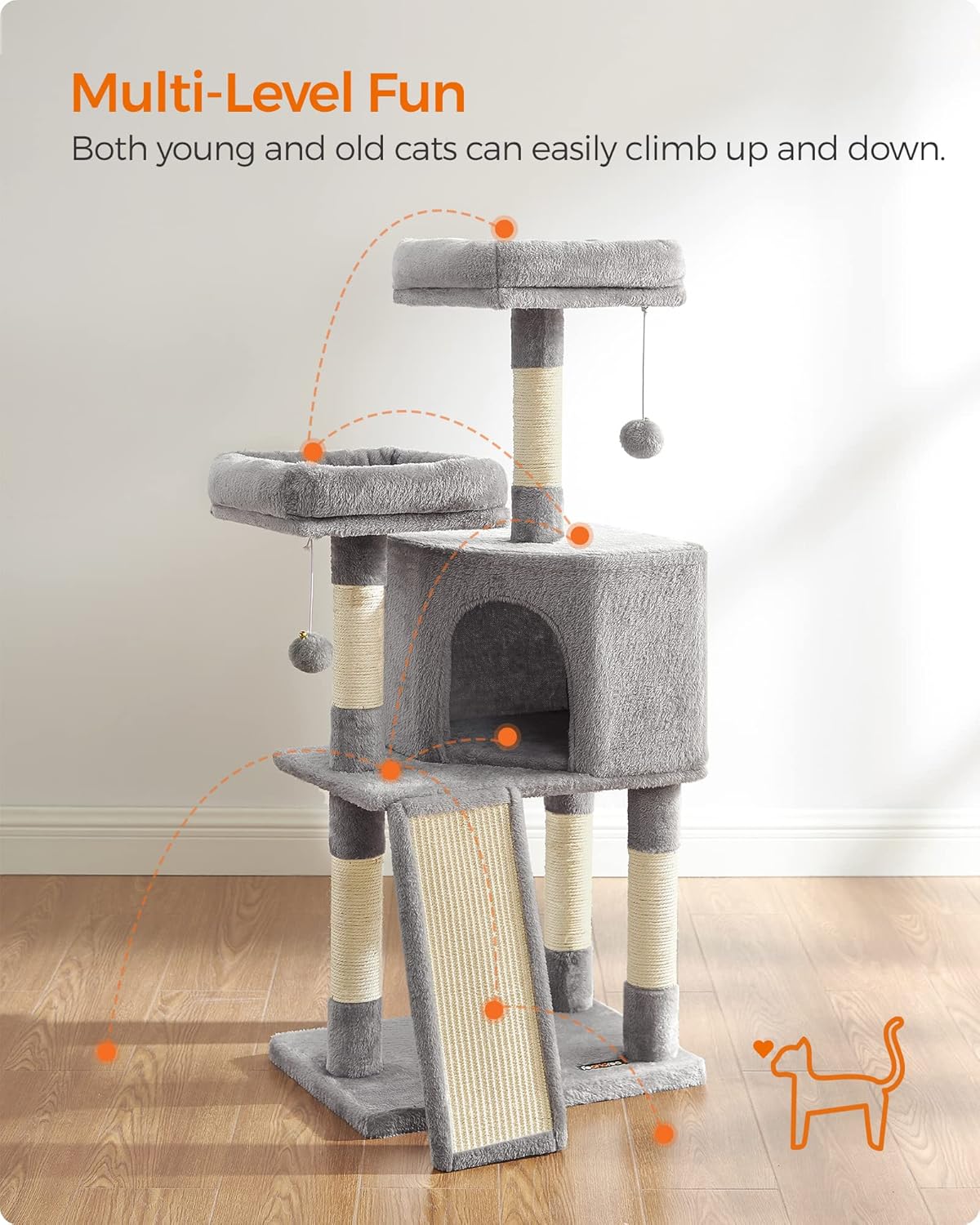 Feandrea Cat Tower Scratching Post Condo Plush Grey Play Towers & Trees NEW - Image 3