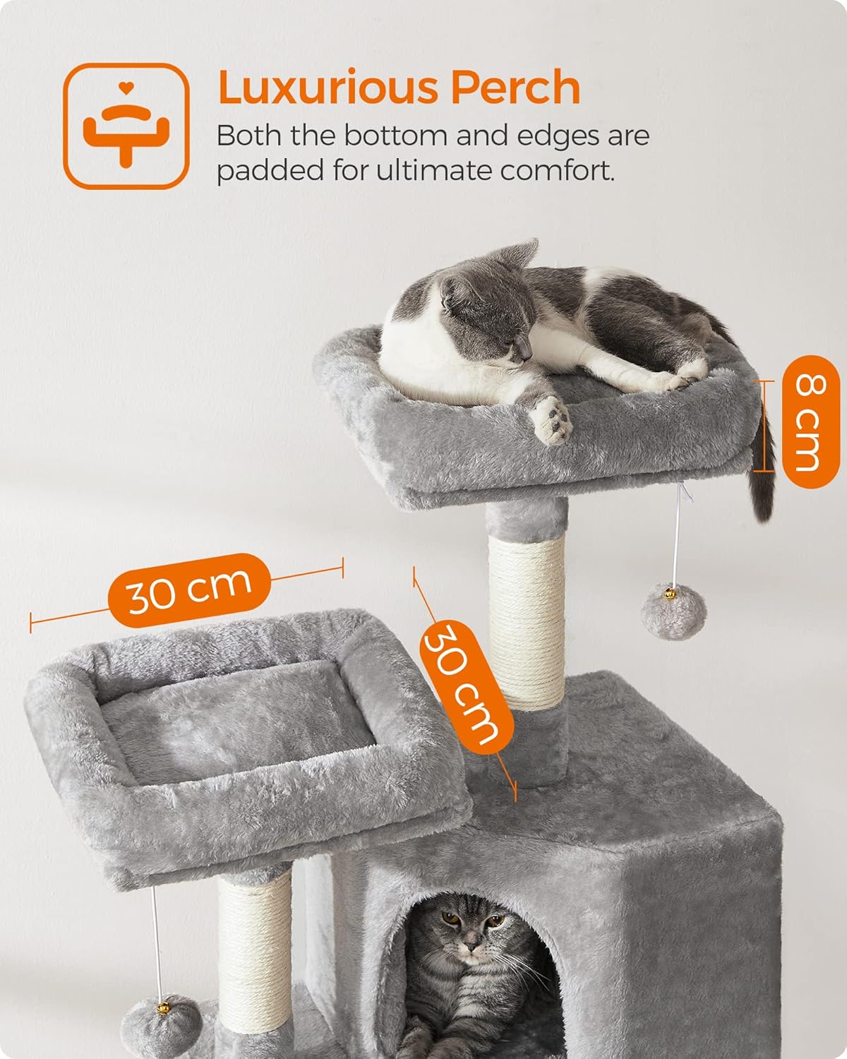 Feandrea Cat Tower Scratching Post Condo Plush Grey Play Towers & Trees NEW - Image 4